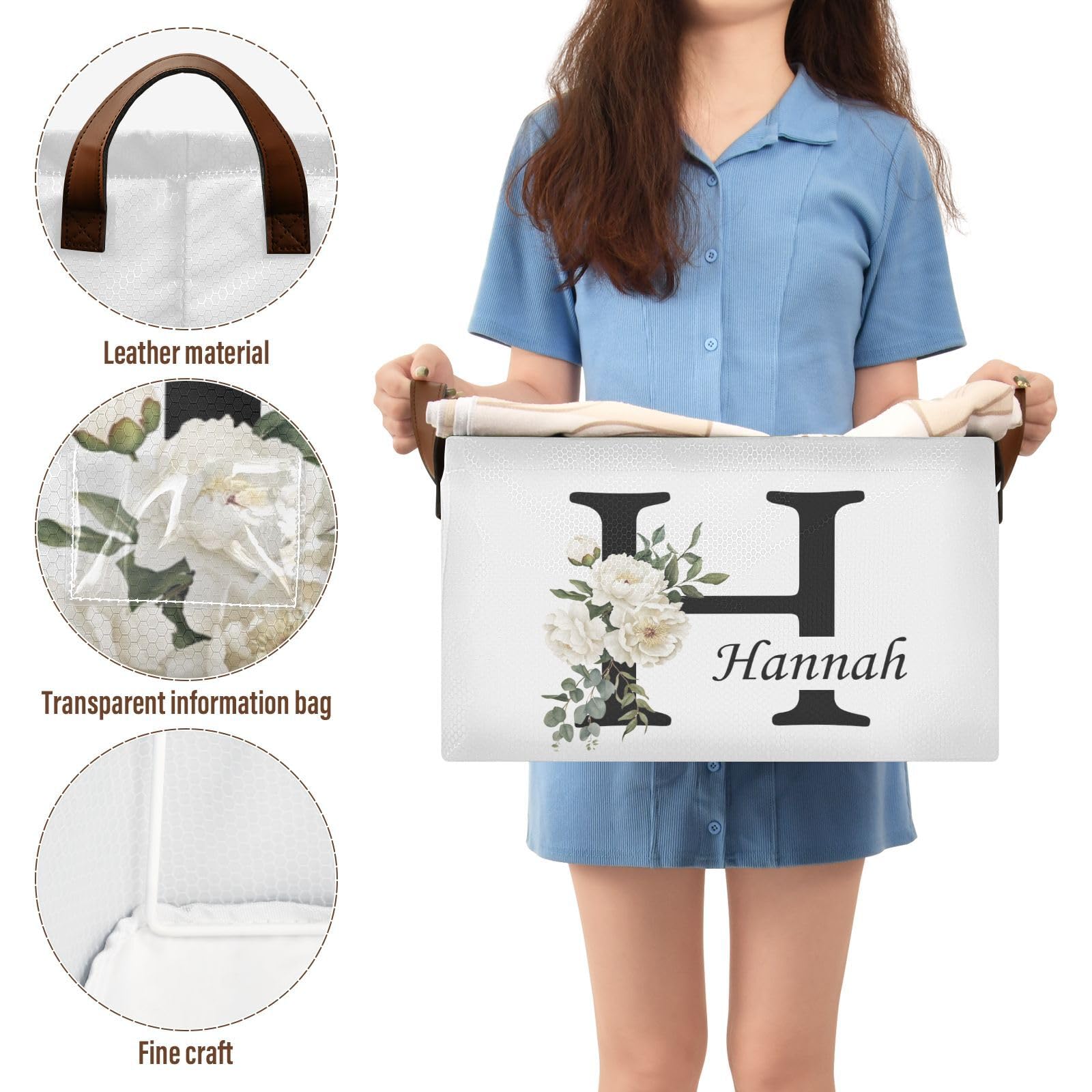 Personalized Floral Storage Basket with Handles & Clear Labels - Foldable Laundry Organizer Bin, Custom Name Collapsible Cube for Home, Kids Room, Closet & Shelf - Perfect for Wedding Gifts & Home Organization (2 Pack)