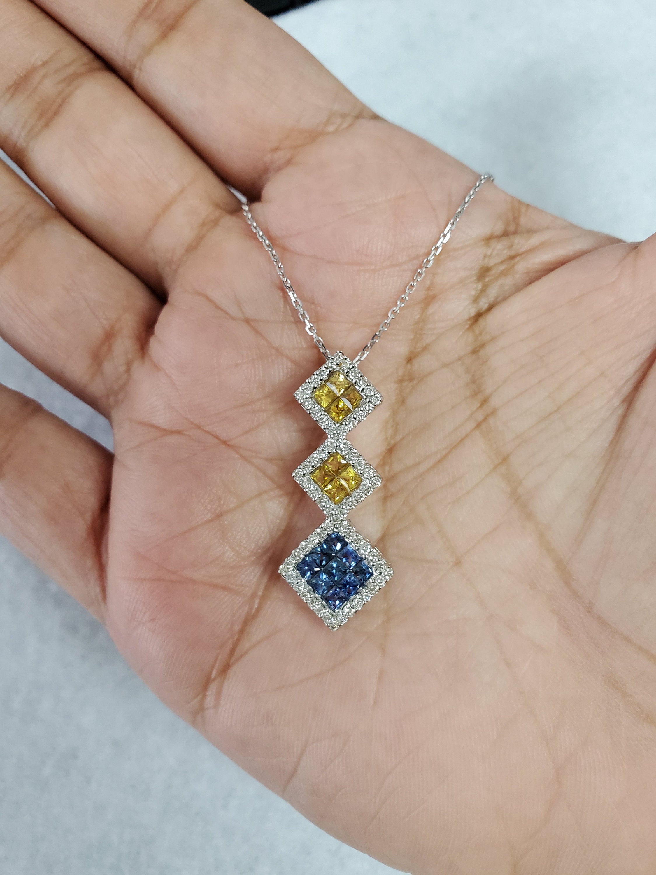 14k White Gold Citrine, Blue Topaz & Diamond Pave Pendant Necklace - Elegant Jewelry for Women, Perfect Gift for Birthday, Anniversary & Special Occasions