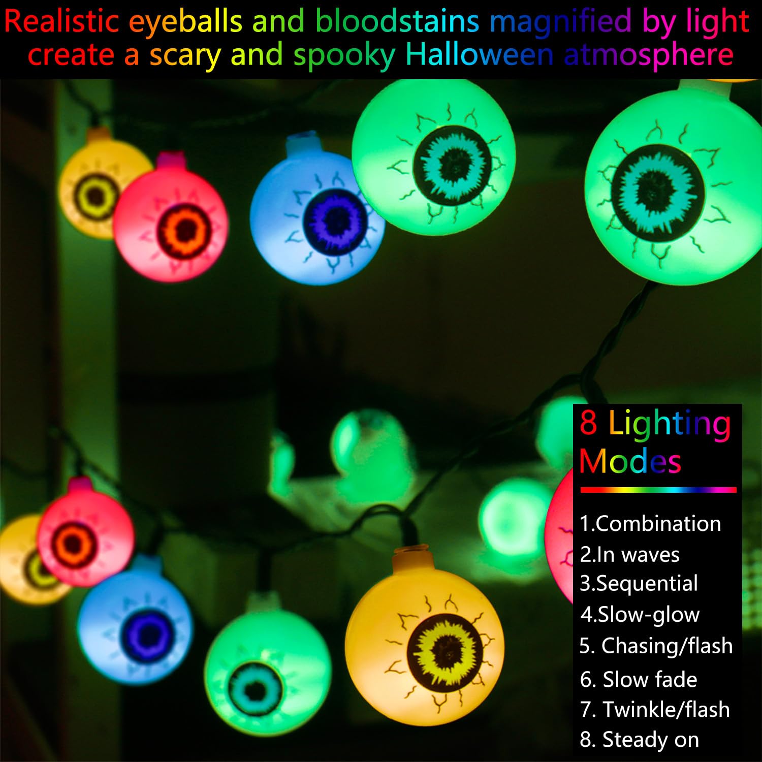 Solar Halloween Eyeball String Lights Outdoor - 30 LED Scary Eyeball Lights with 8 Lighting Modes, 21ft Waterproof Halloween Decorations for Garden, Window, Porch - Perfect for Halloween Party, Yard Decor & Spooky Nighttime Ambiance