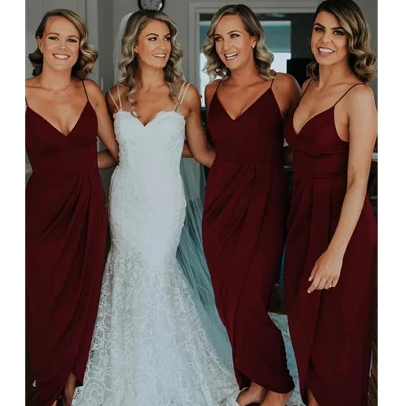 Elegant Burgundy Chiffon V-Neck Spaghetti Strap Bridesmaid Dress for Wedding Party & Formal Events - Flowy & Comfortable for Bridal Shower, Evening Gala & Special Occasions