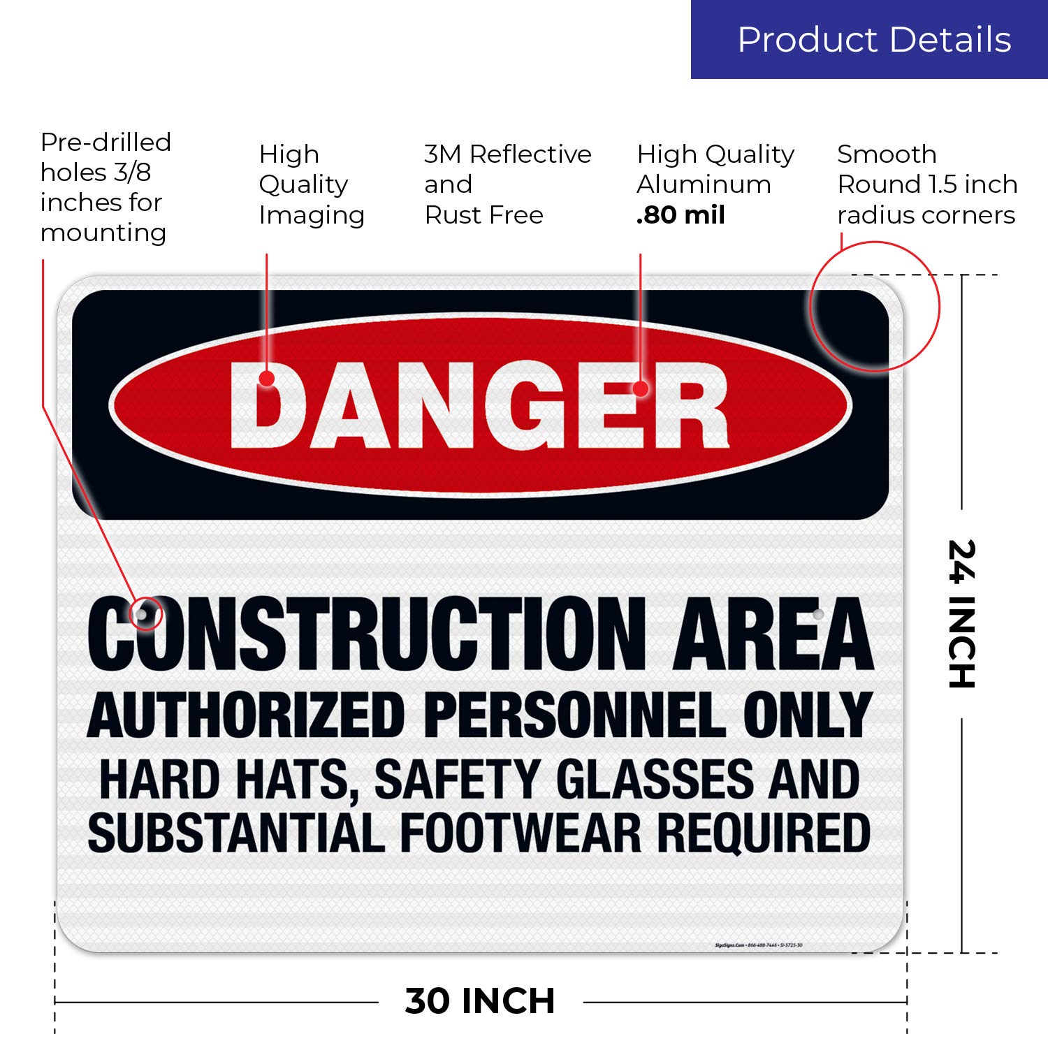 OSHA Approved Danger Sign - Construction Area Authorized Personnel Only with Safety Glasses Required | 24x30 Inches 3M EGP Reflective .080 Aluminum Sign | Fade Resistant for Indoor & Outdoor Use | Made in USA | Perfect for Construction Sites, Warehouses & Hazardous Work Areas
