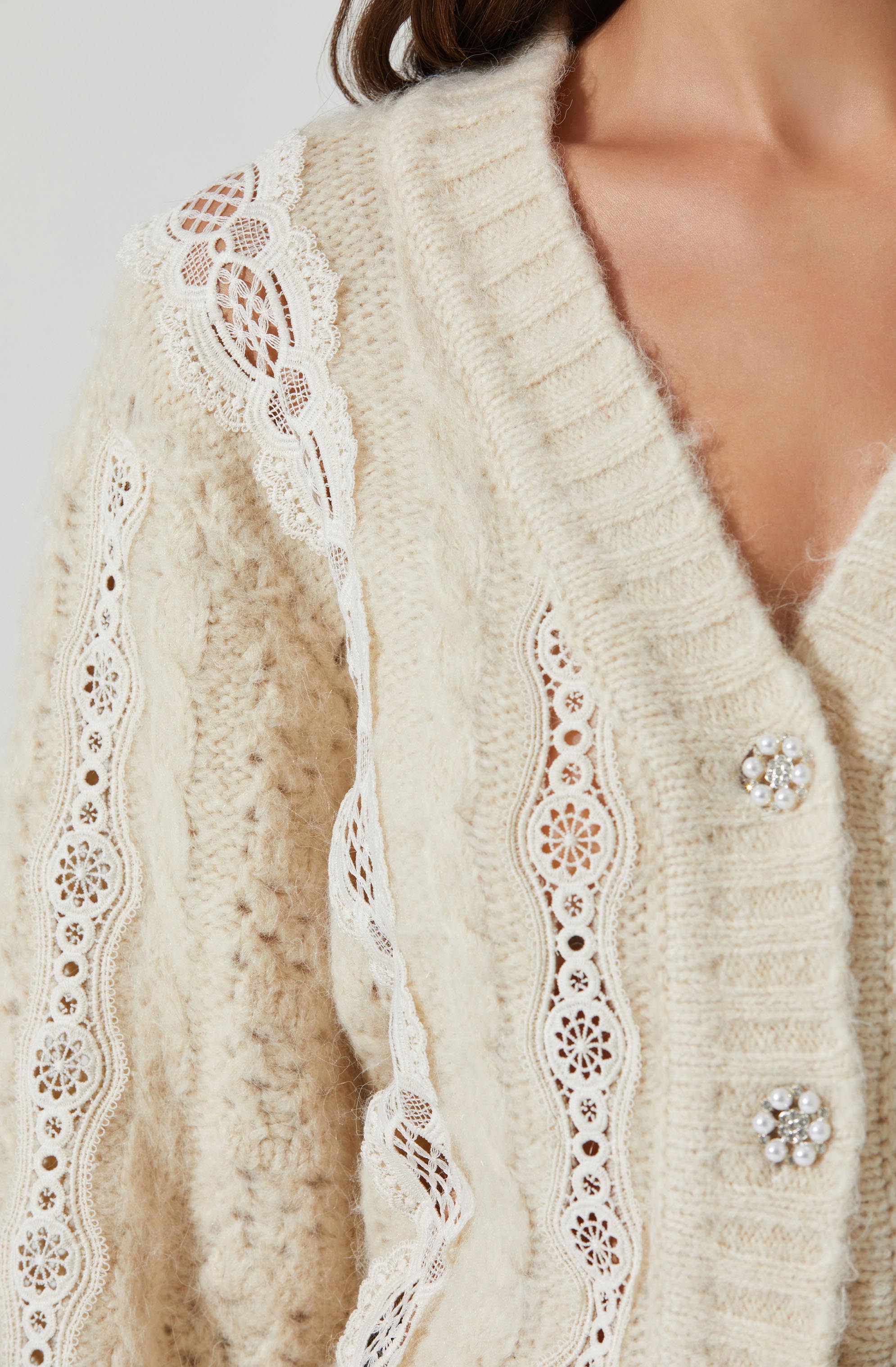 Elegant Nesmarie Lace Embellished Cardigan for Women - Soft Knit Open Front Sweater | Perfect for Office, Date Night & Special Occasions