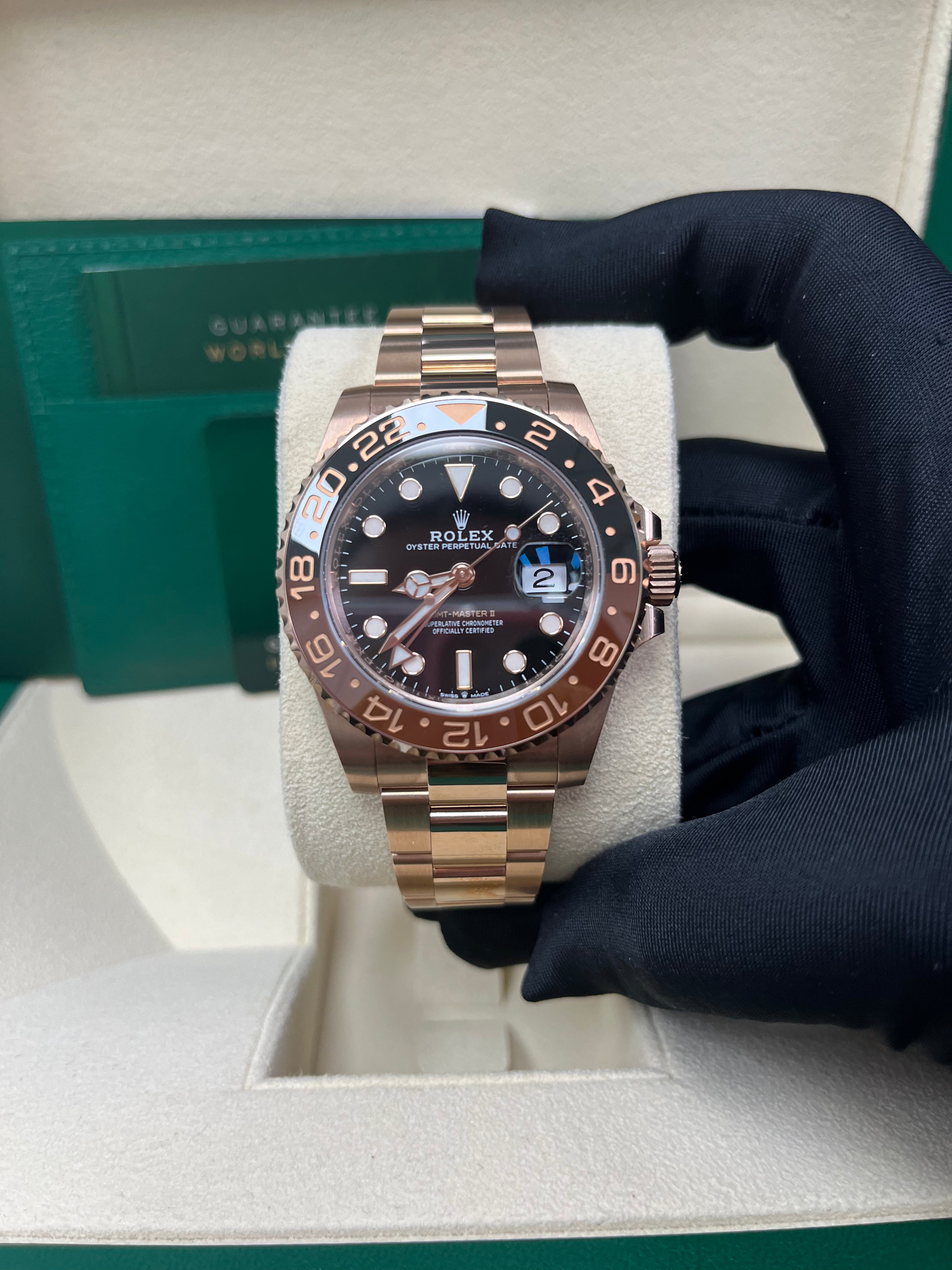 Rolex GMT Master II 18K Everose Rose Gold Watch - Rootbeer Black & Brown Ceramic Bezel, Oyster Bracelet (Ref# 126715CHNR) | Luxury Men's Watch for Travel, Business & Special Occasions