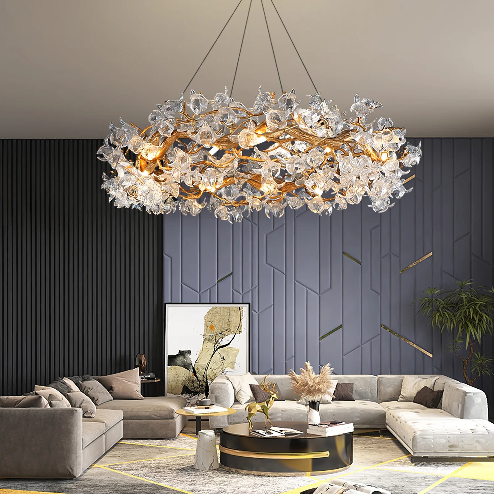 Petala Crystal Round Chandelier - Elegant Ceiling Light Fixture for Dining Room, Bedroom & Living Room | Modern Home Decor Lighting | Dimmable LED Chandelier for Wedding & Luxury Interior Design