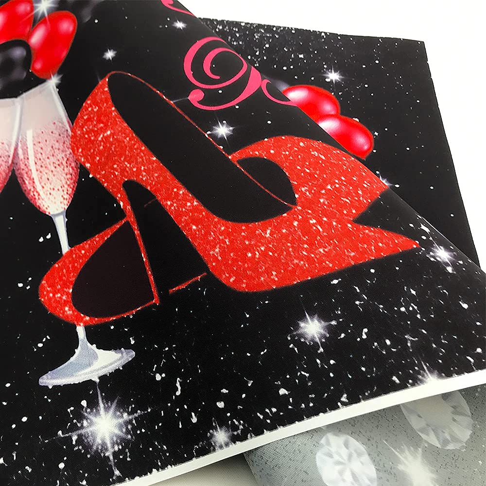 Silver & Black Happy Birthday Photography Backdrop with High Heels, Champagne Glasses & Red Balloons - 7x5ft Party Background for Women's Birthday, Photo Studio Booth Props - Perfect for Adult Celebrations, Bachelorette Parties & Social Media Photos