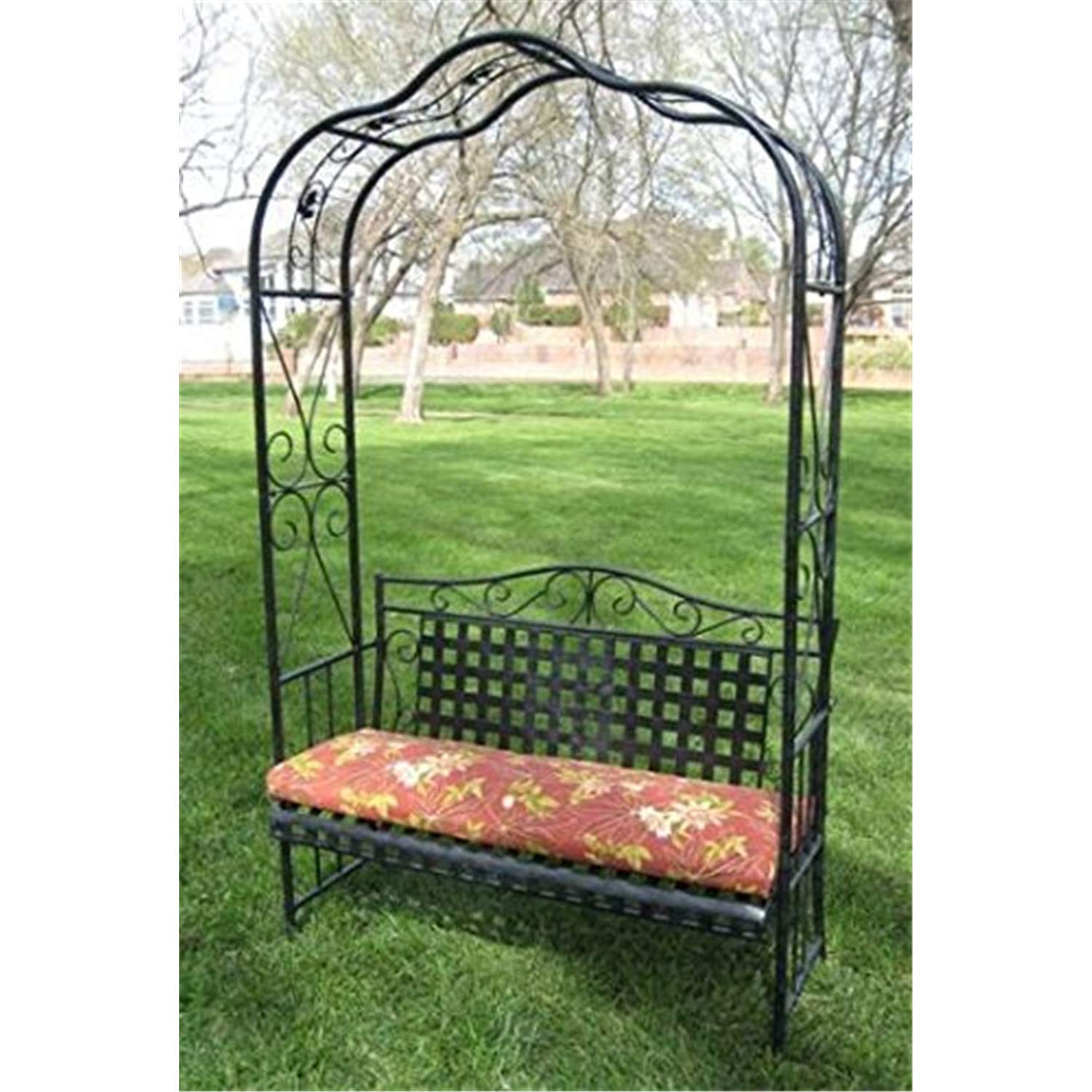 Antique Black Mandalay Iron Patio Arbor Bench - Outdoor Garden Furniture for Backyard, Porch, and Poolside Relaxation