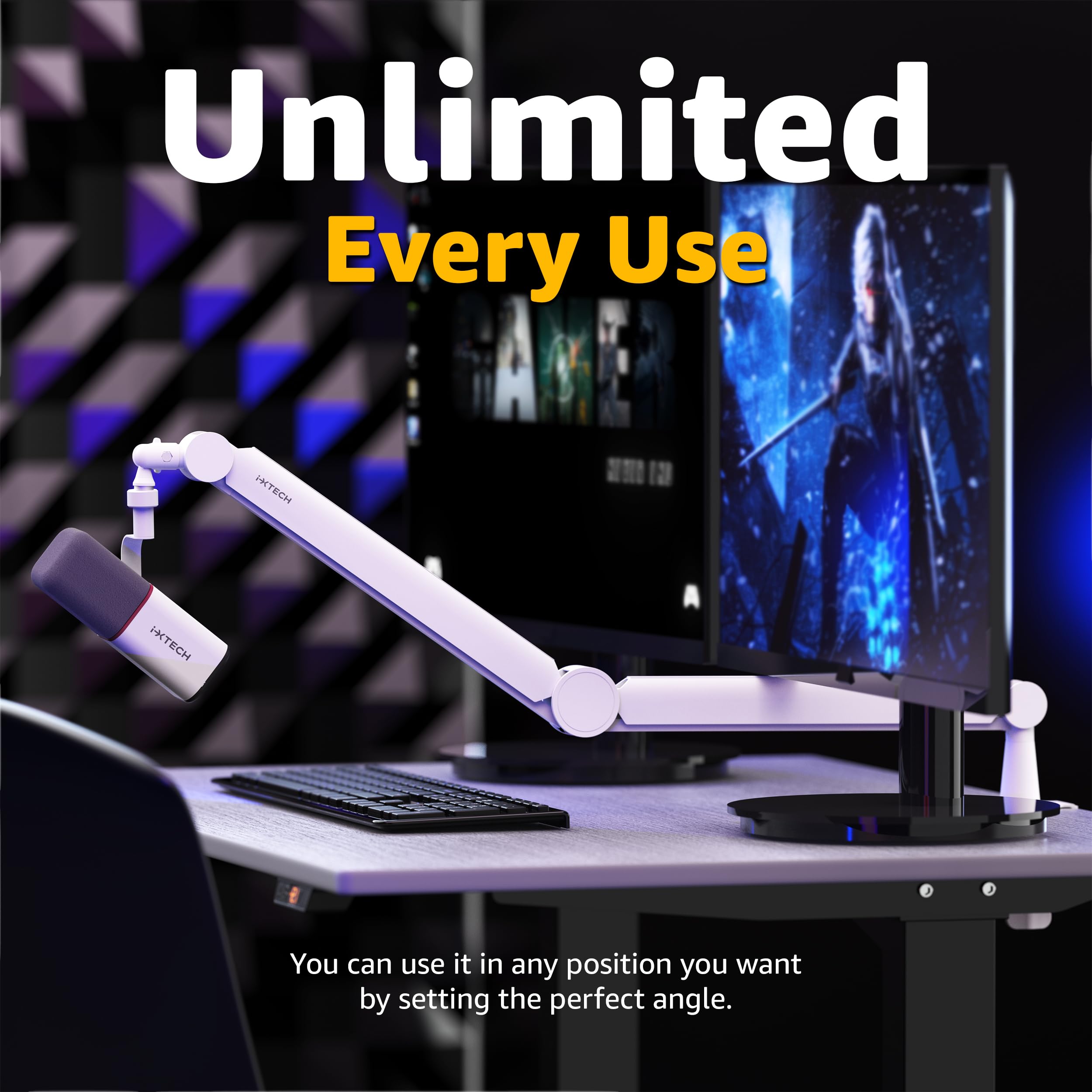 Premium IXTECH White Mic Boom Arm - 360° Rotatable Microphone Stand with Sturdy Desk Mount | Fully Adjustable & Universal | VALIANT WHITE Model | Perfect for Podcasting, Streaming & Home Studio Recording