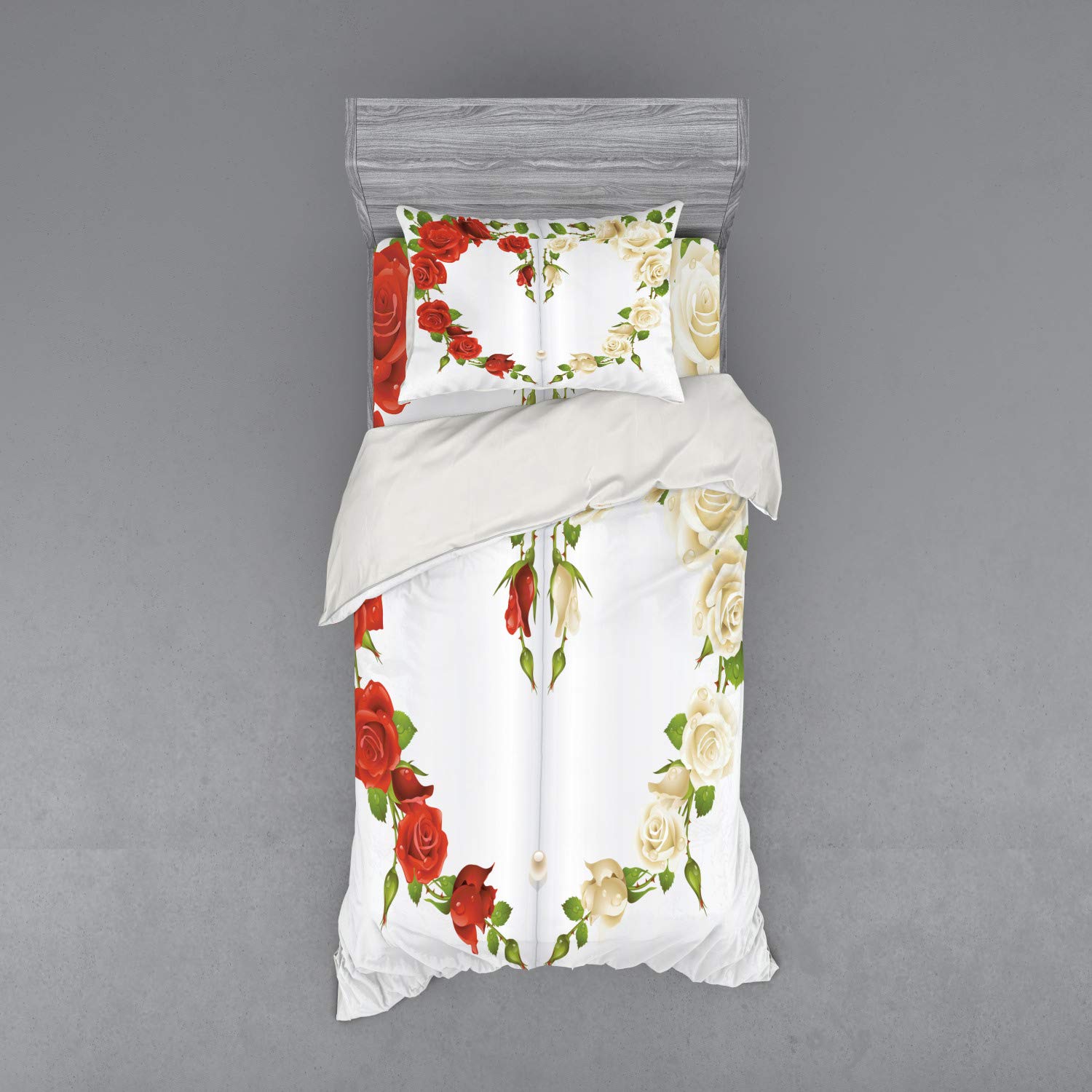 Ambesonne 3-Piece Pearl & Rose Heart Bouquet Duvet Cover Set - Twin Size, Red White Green Floral Print, Includes Sham & Fitted Sheet for Romantic Bedroom Decor, Wedding Gift or Anniversary Celebration