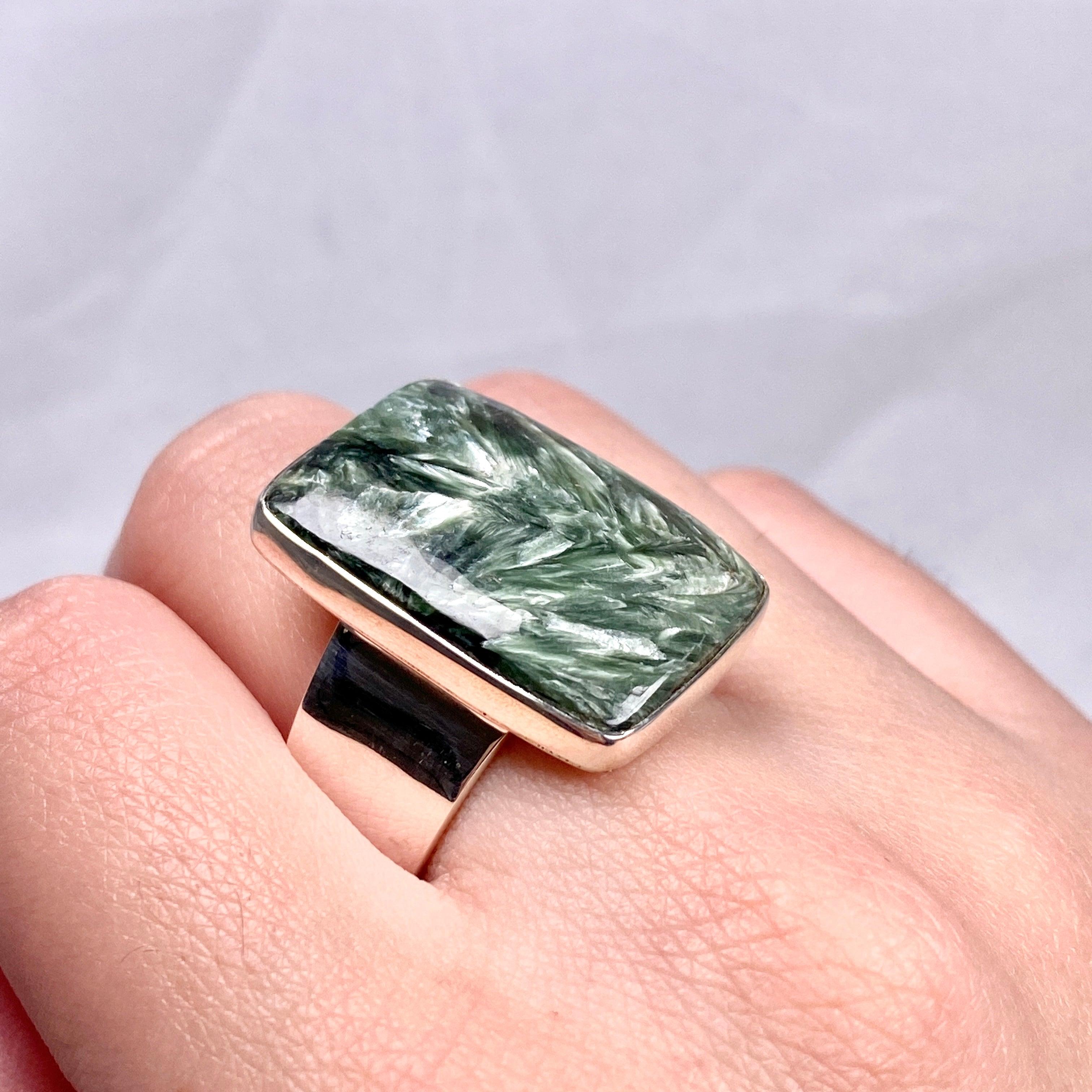 Seraphinite Rectangular Ring Size 12 KRGJ2828 – Elegant Green Gemstone Jewelry for Women, Perfect for Weddings, Parties & Special Occasions