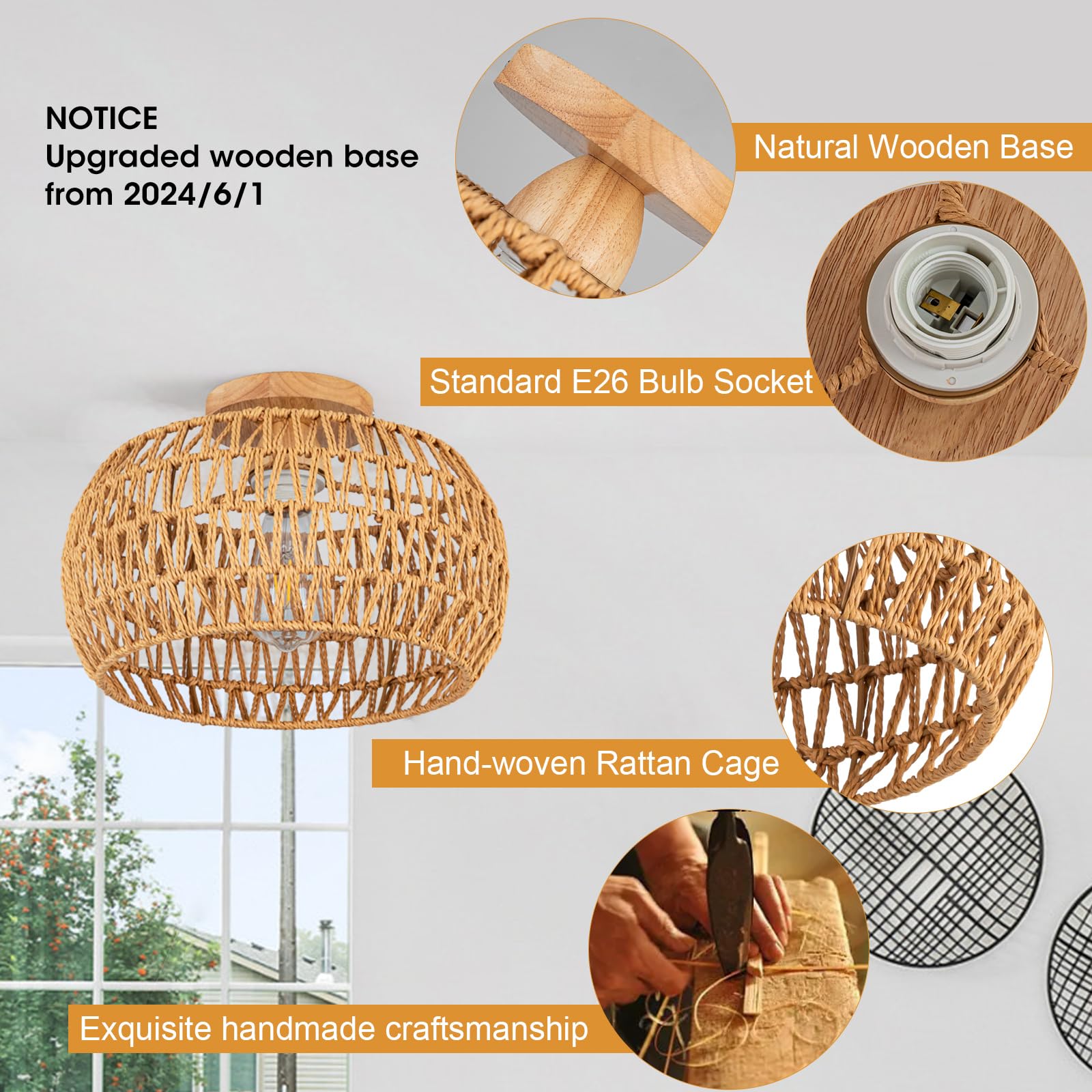 Hand-Woven Rattan Chandelier Light Fixture - Boho Flush Mount Ceiling Lamp for Kitchen, Nursery, Farmhouse & Bedroom | Natural Wicker Pendant Lighting for Cozy Home Decor & Dining Room Ambiance