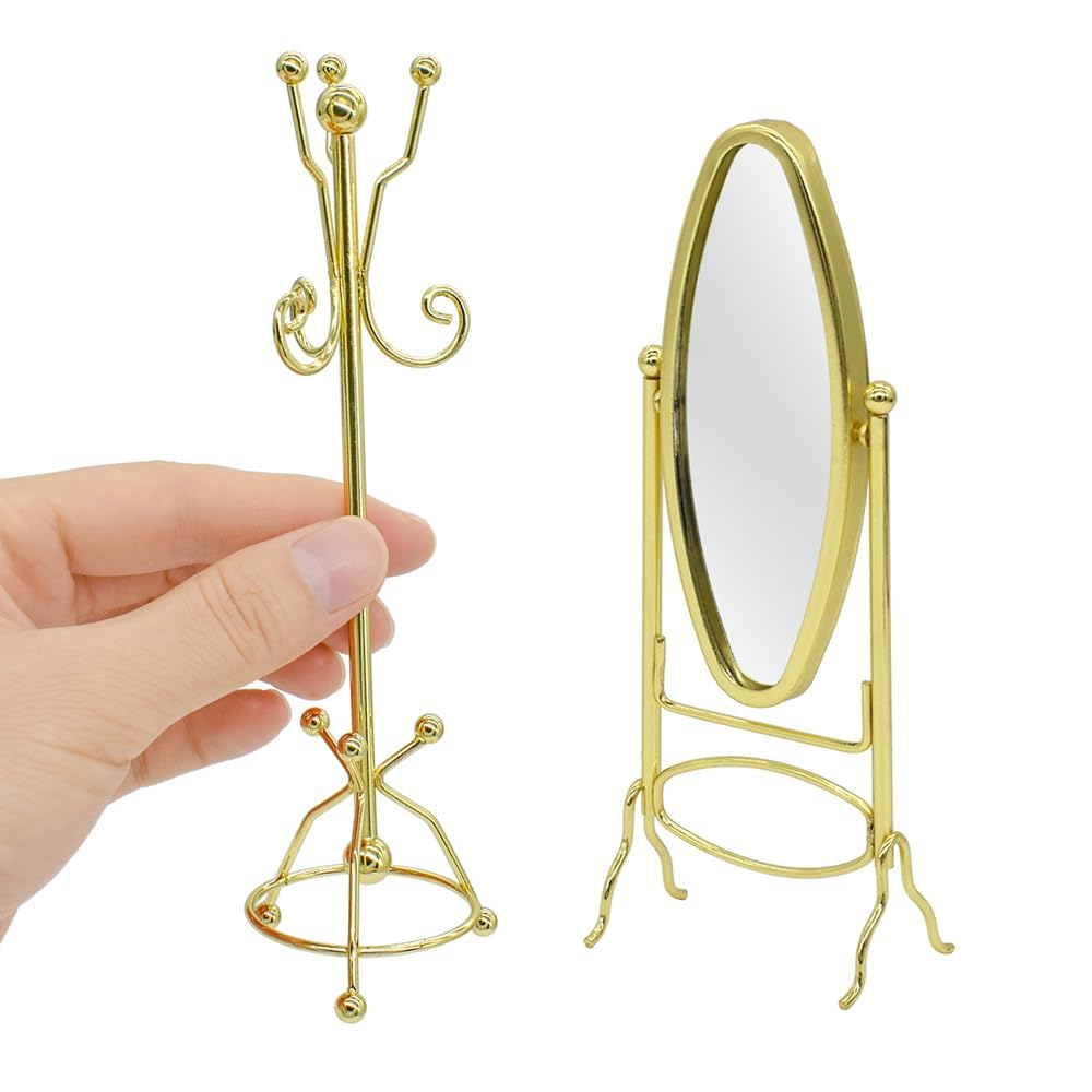 iLAND 1:12 Scale Miniature Dollhouse Furniture Set - Golden Coat Rack & Full Mirror - Perfect for Dollhouse Decor, DIY Miniature Projects & Collectors Display