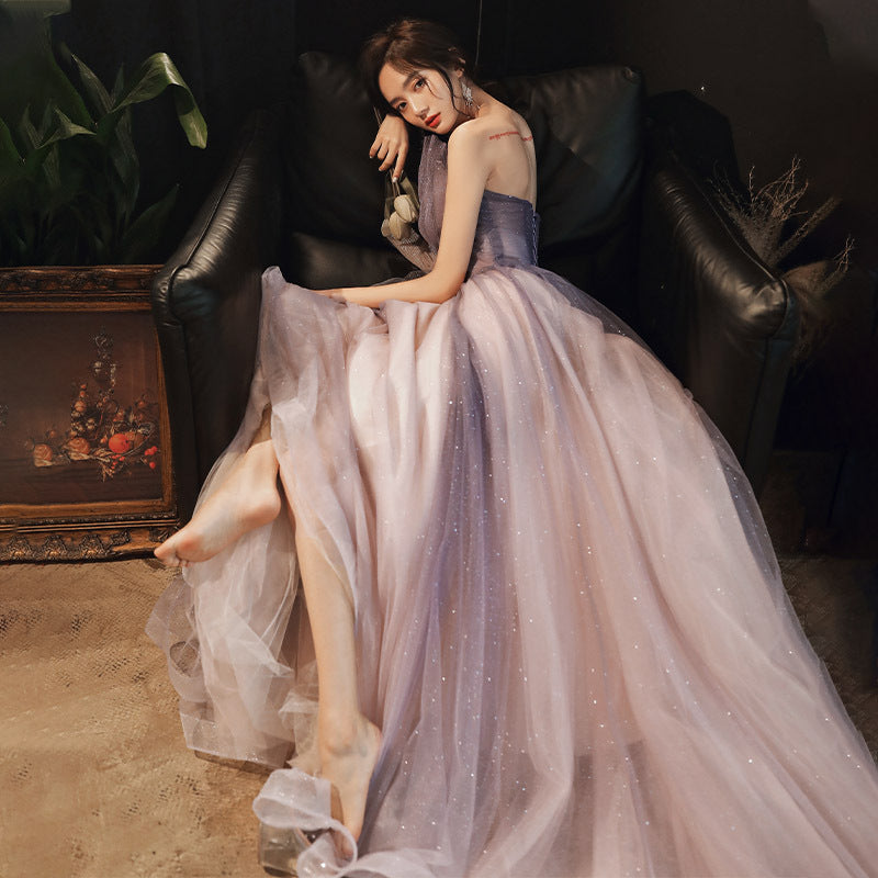 Gradient Purple Long Prom Dress A Line Evening Gown with Flowy Skirt - Elegant Formal Wear for Homecoming, Quinceañera & Special Occasions