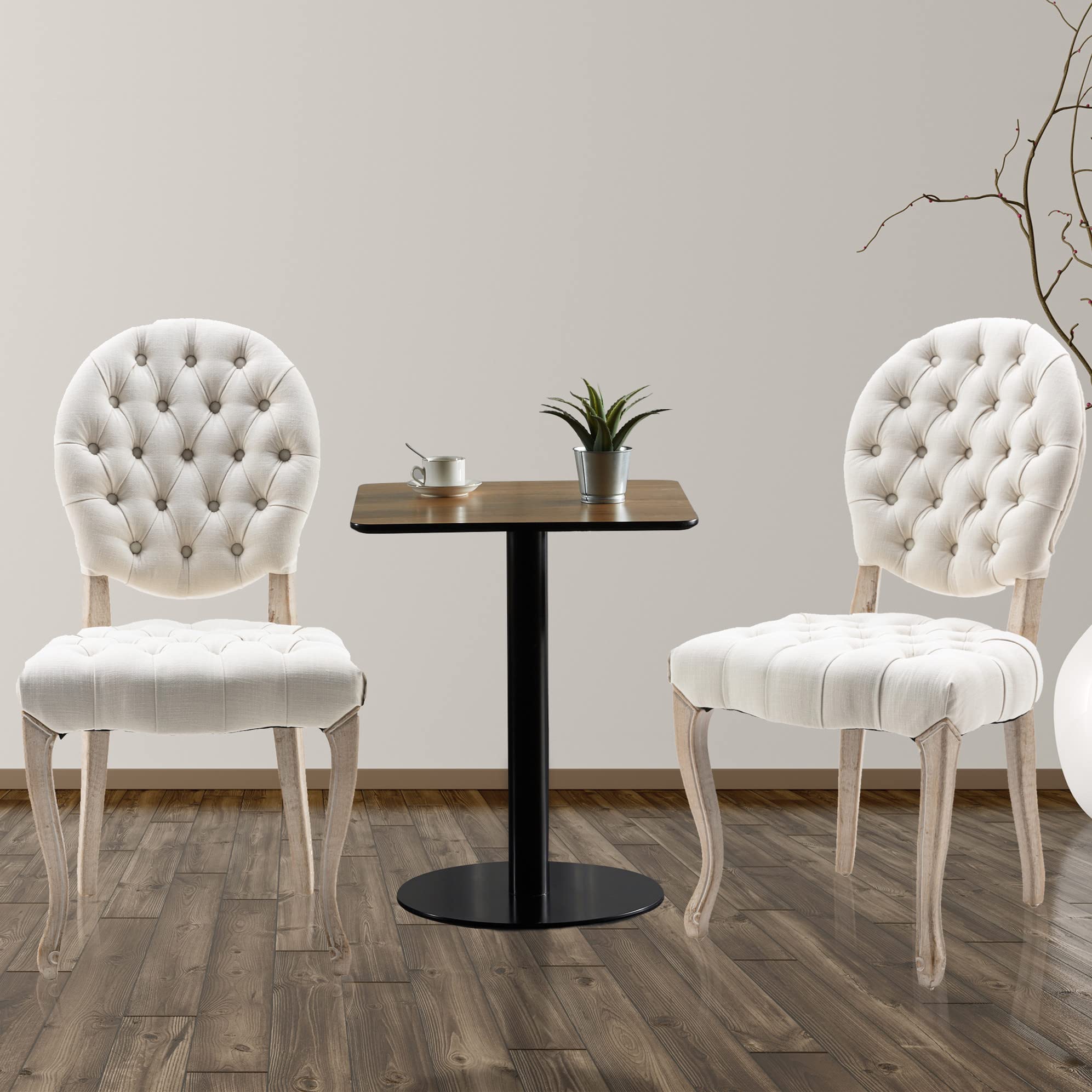 Yoluckea Mid-Century Modern Tufted Dining Chairs Set of 2 - Upholstered French Style Oval Back Chairs with Solid Wood Legs, Traditional Linen Fabric Kitchen & Dining Room Chairs for Dinner Table, Meeting Table, Breakfast Nook & Home Office