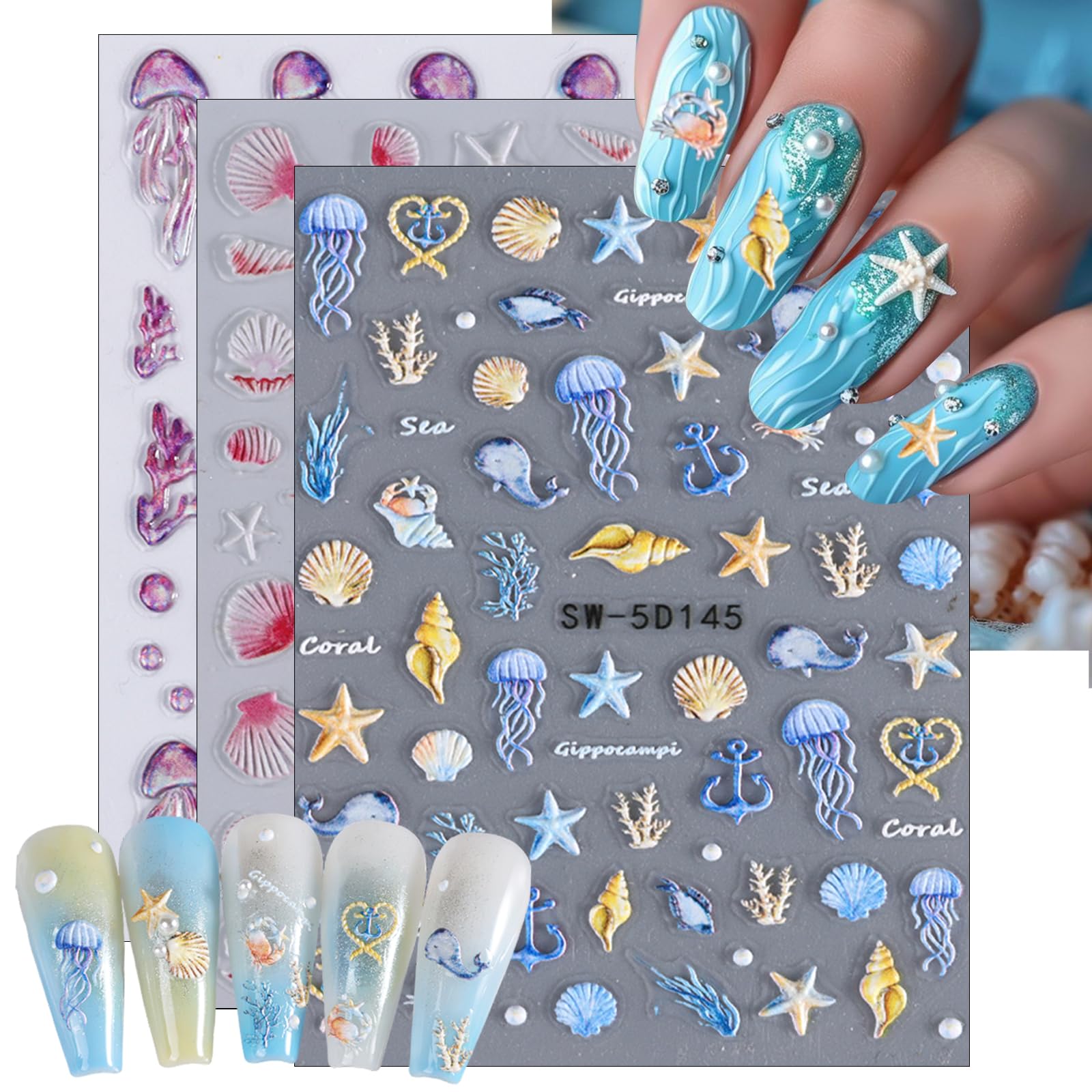5D Starfish Seashell Nail Stickers - Summer Ocean Nail Art for Women DIY