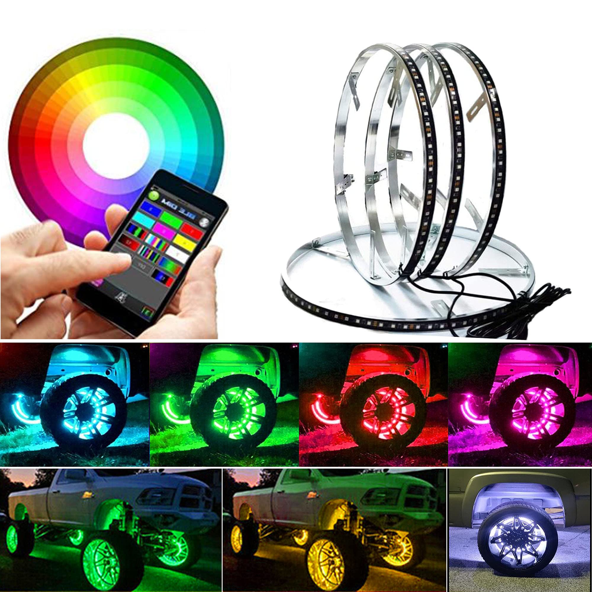 4Pcs 15.5in RGBW Wheel Ring Lights with Braking Function - IP68 Waterproof LED Rim Lights for Trucks, Cars, Pickups & SUVs - APP & RF Remote Control - Perfect for Off-Roading, Car Shows & Night Driving