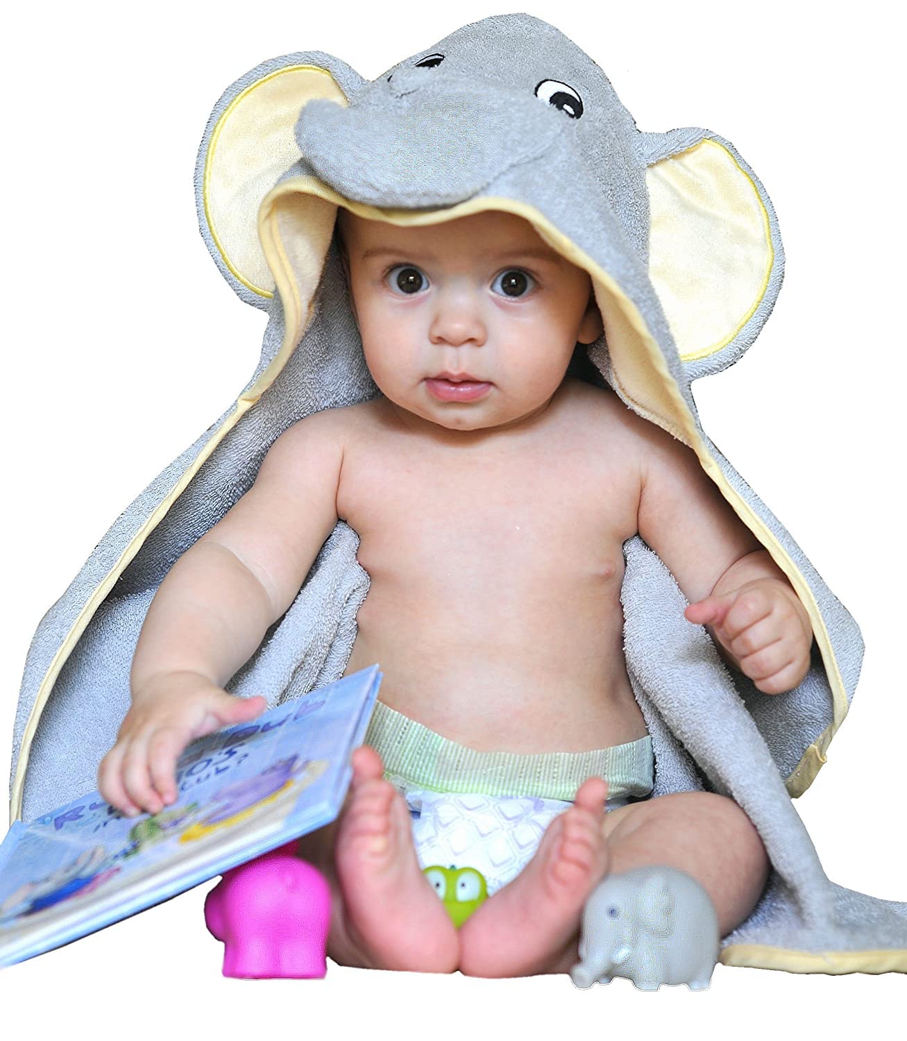 Tickle & Main 5-Piece Baby Bath Gift Set - Elephant Hooded Towel, 3 Jungle Safari Squirt Toys & Book for Boys & Girls | Perfect Baby Shower, Newborn Gift & Bath Time Fun