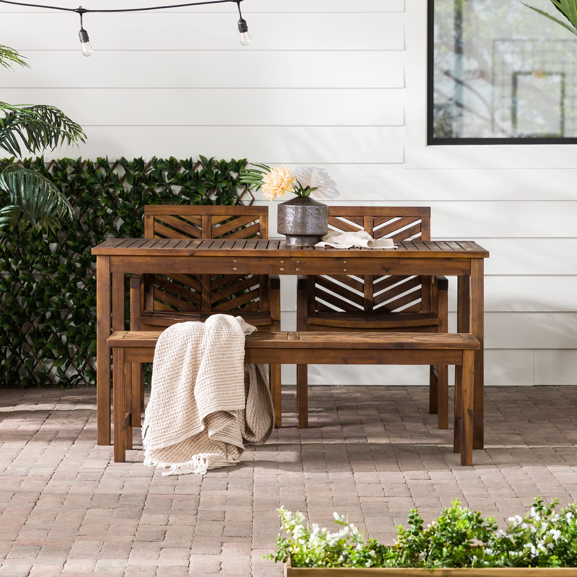 Walker Edison 5-Piece Outdoor Wood Chevron Patio Dining Set - All-Weather Dark Brown Table, Chairs & Bench for Backyard, Garden, Poolside & Balcony | Perfect for Outdoor Entertaining & Relaxation