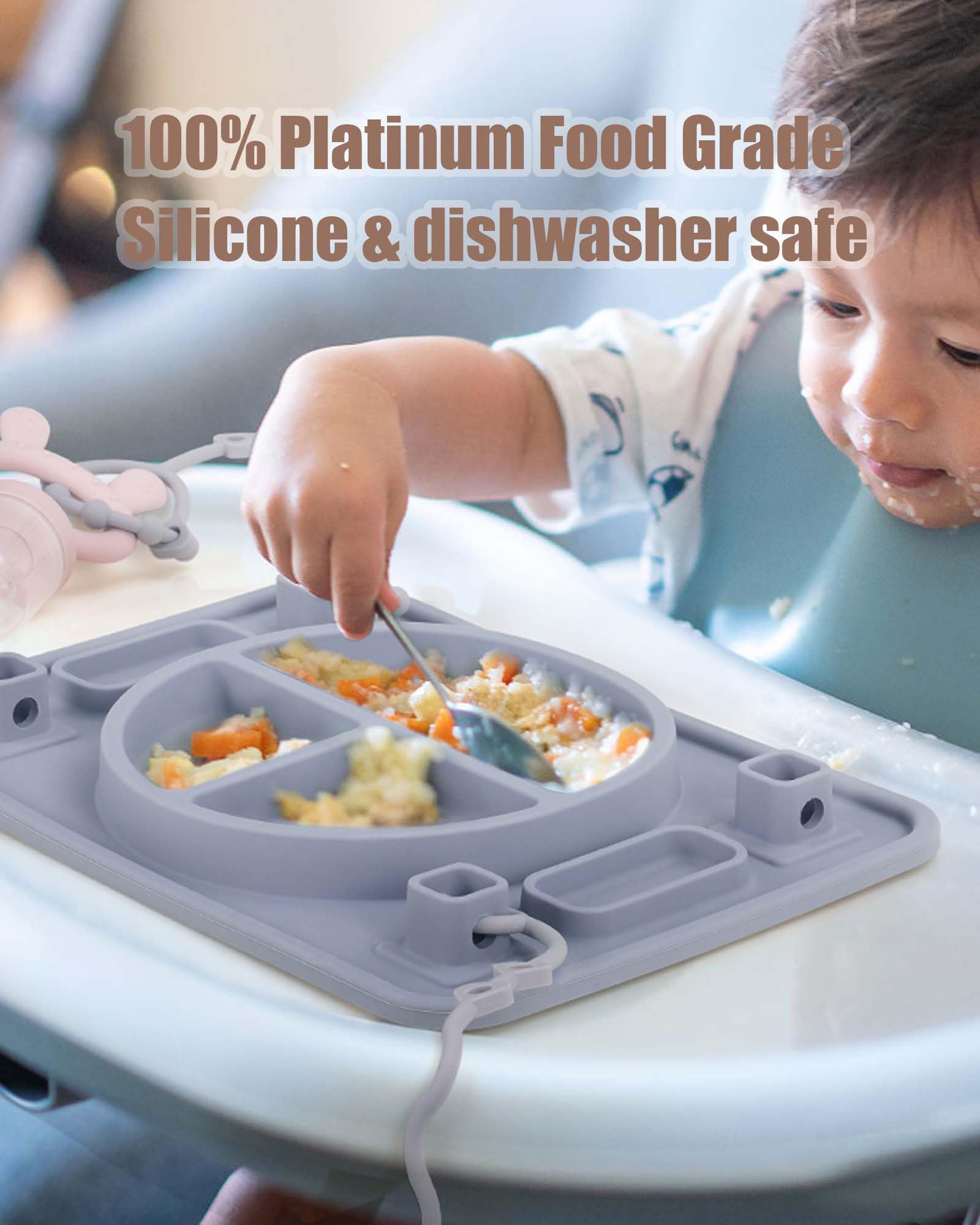 Premium Platinum Food-Grade Silicone Baby Plates with Strong Suction - 4 Toy Straps for Securing Essentials | Toddler Self-Feeding & Baby-Led Weaning | Dishwasher Safe Placemat for Highchair, Dining Table & Travel (Green)