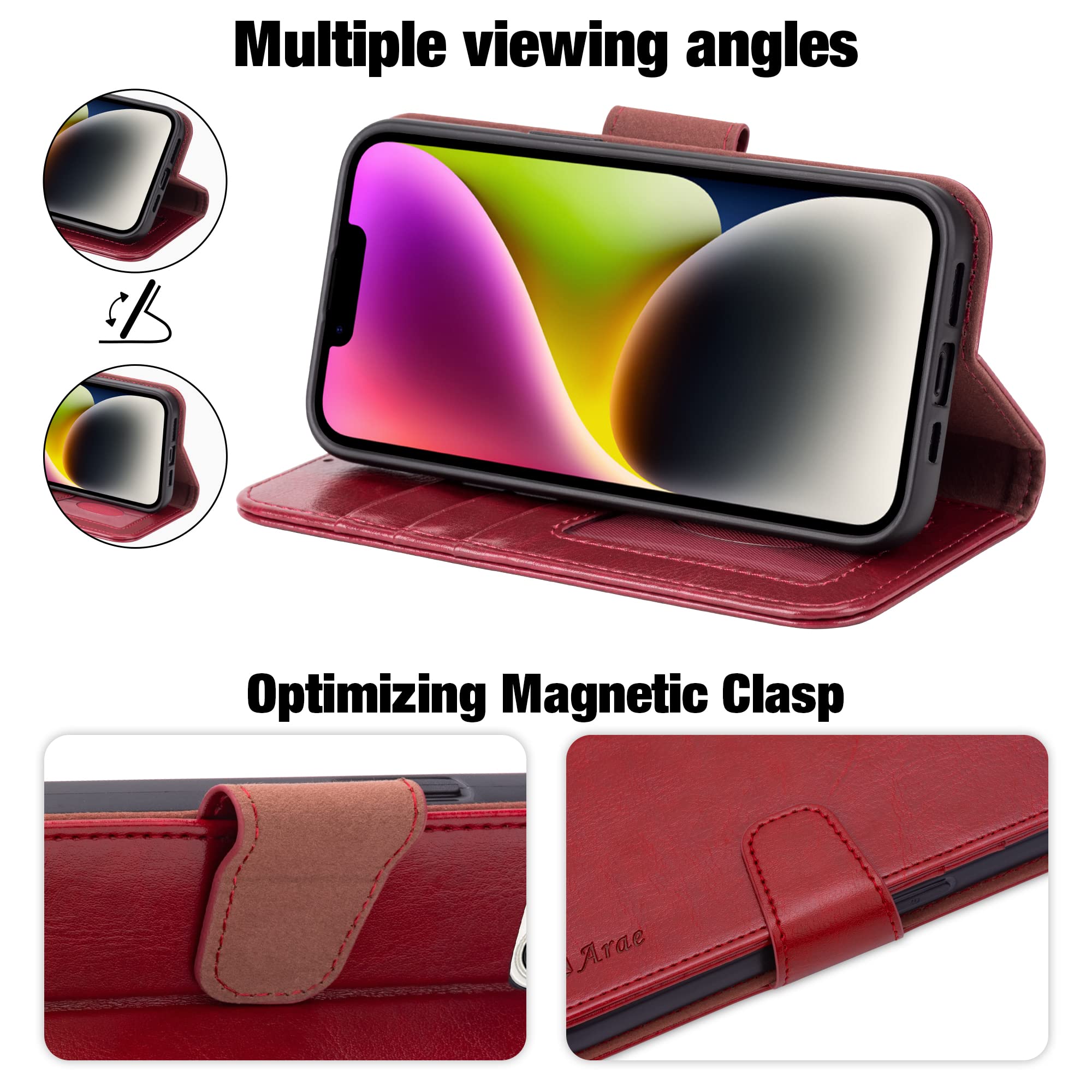 Arae iPhone 14 Wallet Case with Card Holder & Wrist Strap - Flip Cover for iPhone 14 6.1 Inch (Wine Red) - Perfect for Daily Use, Travel, and Hands-Free Convenience