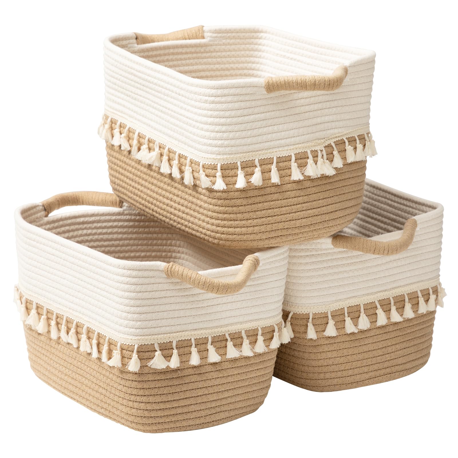 TeoKJ 3-Pack Woven Storage Baskets - Cotton Rope Organizing Bins for Clothes, Books, Plants & Pet Supplies | Boho Chic Home Decor for Bedroom, Nursery & Living Room Organization | White & Jute Fabric Storage Solutions