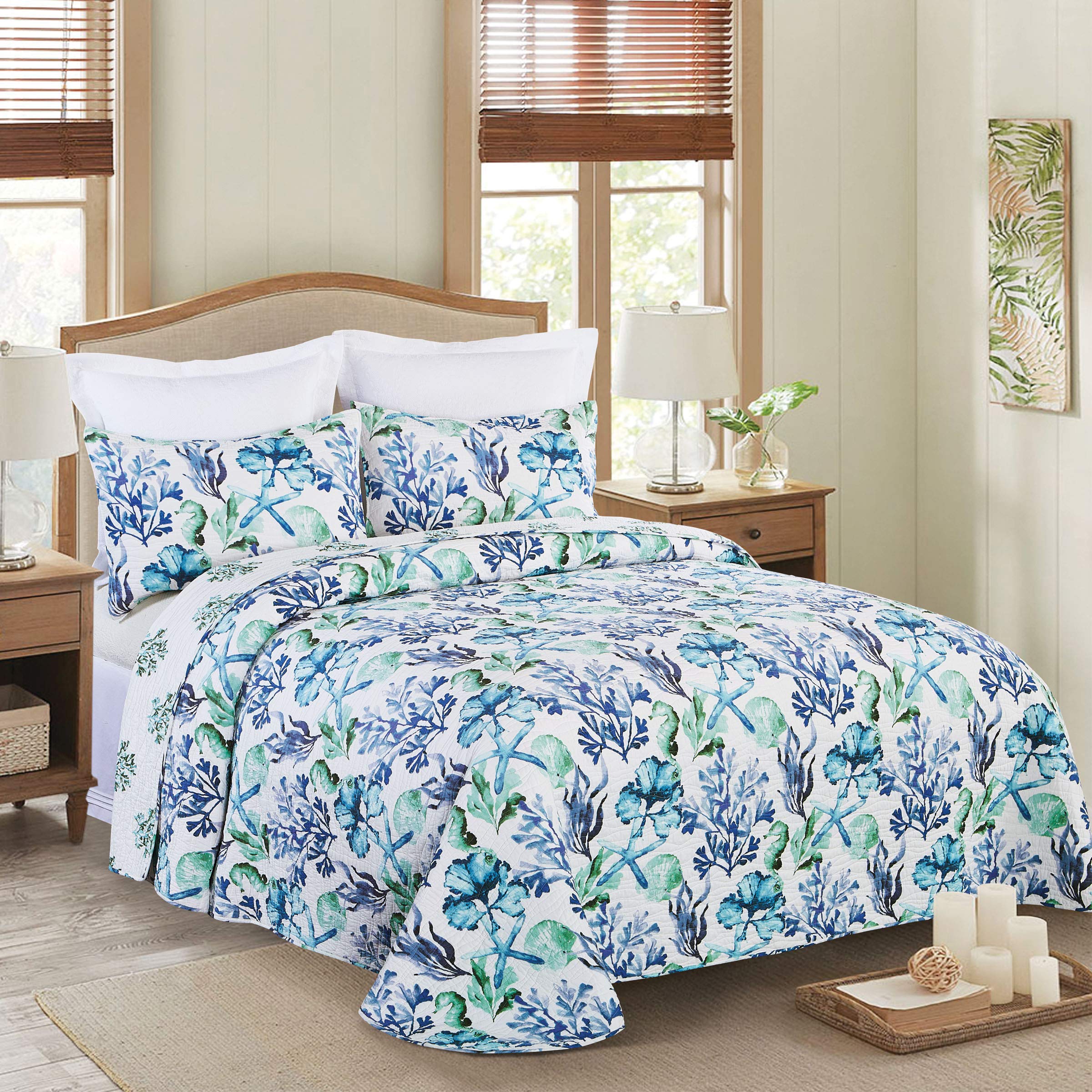 Bluewater Bay Queen Bedspread - 100% Cotton Lightweight Reversible Bed Cover - Machine Washable Blue Bedspread for Queen Size Beds - Perfect for Guest Rooms, Beach Houses & Coastal Decor