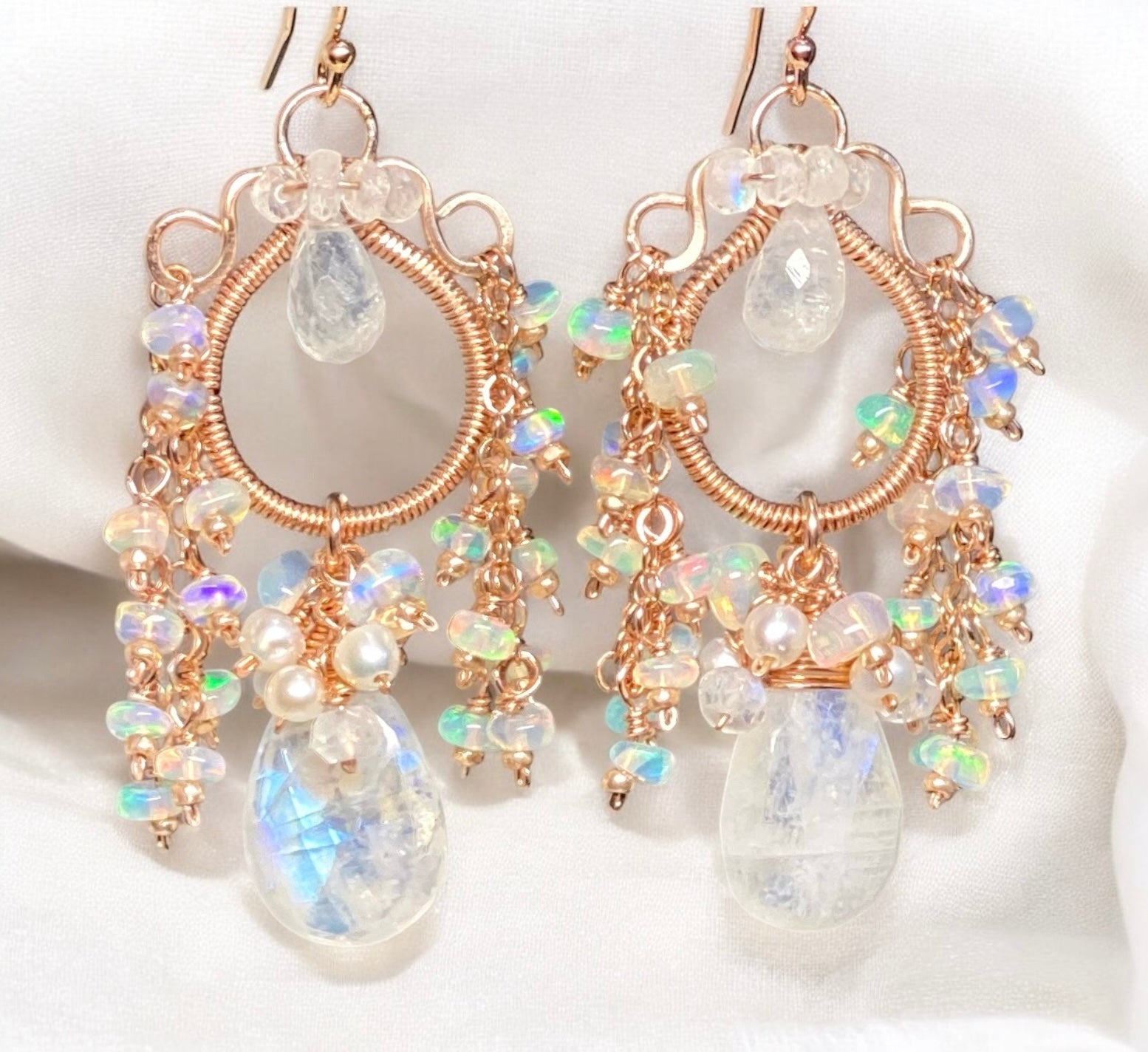 Rainbow Moonstone Opal Statement Rose Gold Chandelier Earrings | Boho Bridal Jewelry | Wedding, Party & Special Occasion Accessories