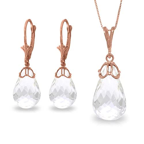 14K Rose Gold Necklace & Leverback Earrings Set with White Topaz Gemstones - Elegant Jewelry for Women, Perfect for Weddings, Anniversaries & Special Occasions