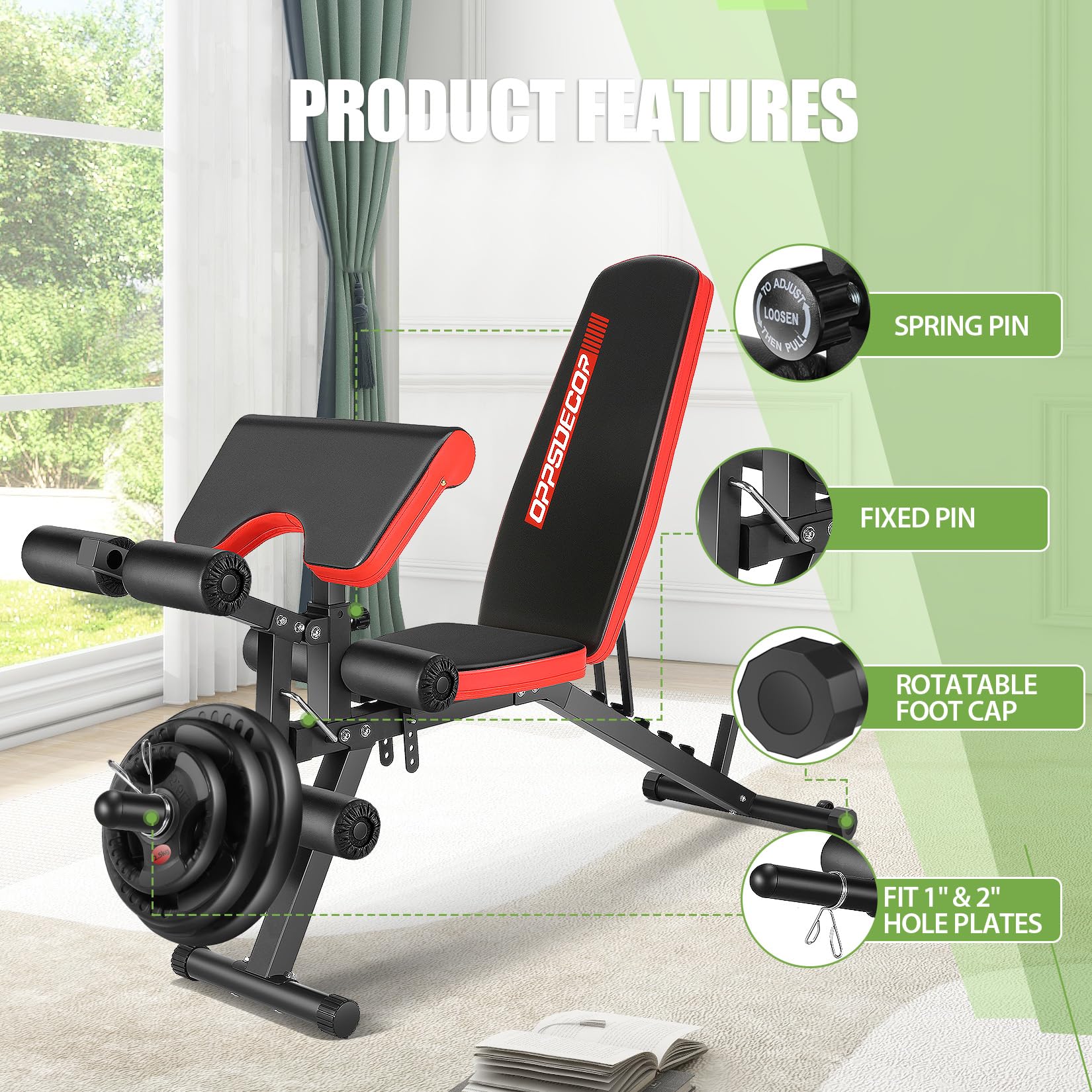 **OPPSDECOR Adjustable Weight Bench with Leg Extension & Curl, 800LBS Capacity Flat/Incline/Decline Workout Bench for Home Gym - Perfect for Strength Training, Bench Press & Full-Body Exercises**