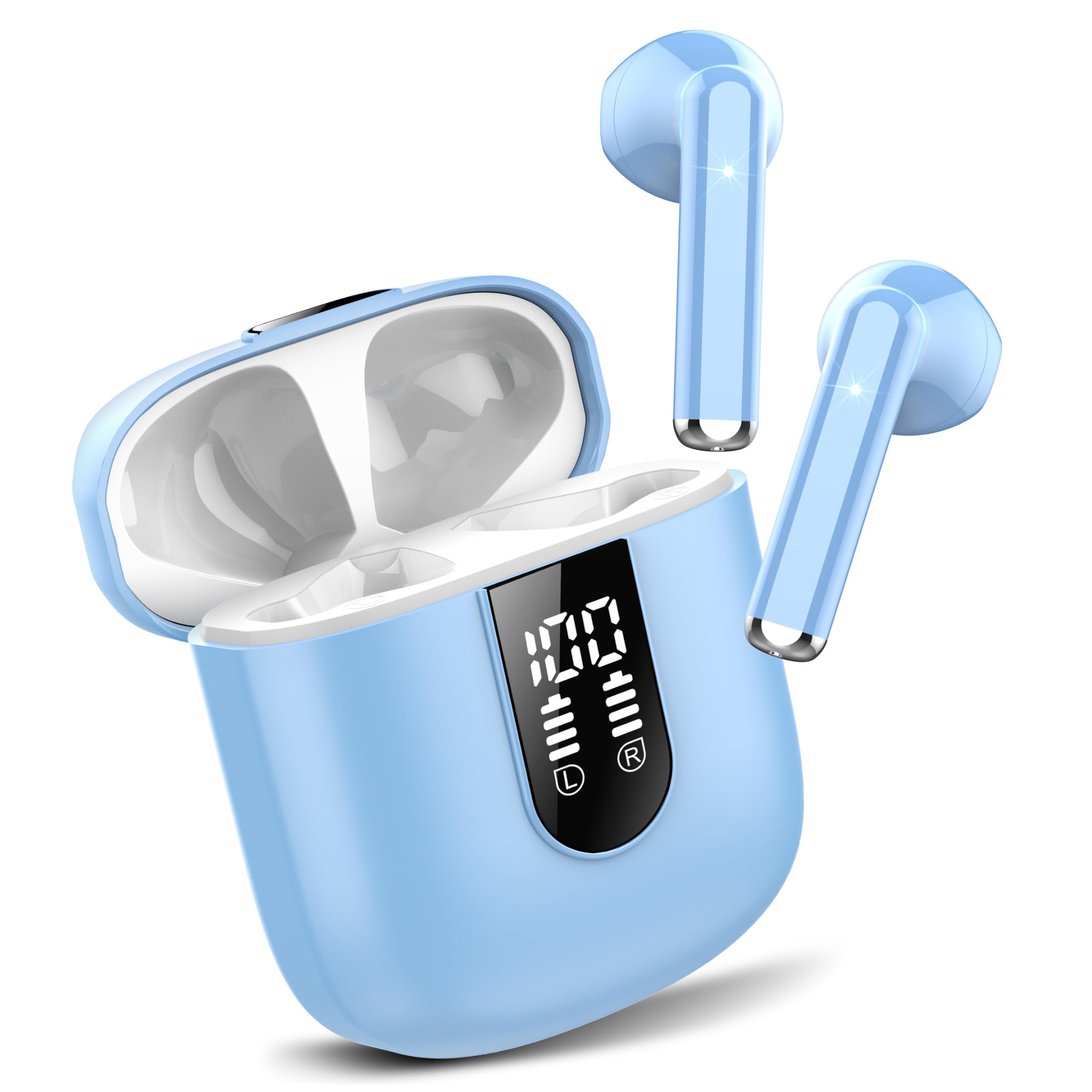 Jesebang Wireless Earbuds Bluetooth 5.3 Headphones with ENC Mic, 30H Playtime & IP7 Waterproof, Dual LED Display Stereo Earphones for Gym, Running, Workout & Travel - Blue