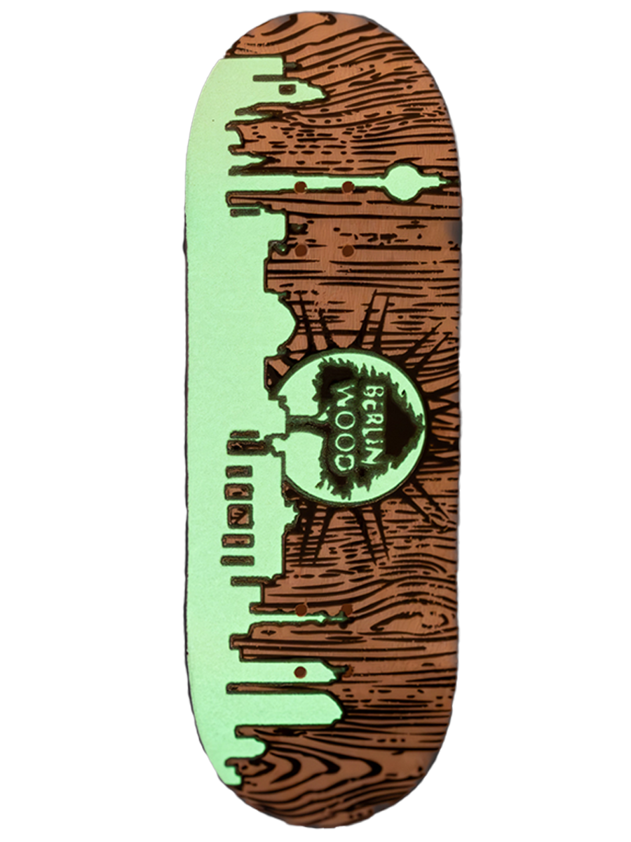 Berlinwood Fingerboard Deck BW Skyline GITD - Premium Professional Finger Skateboard for Tricks & Stunts - Perfect for Skateboard Enthusiasts & Collectors - Glow in The Dark Design for Nighttime Play