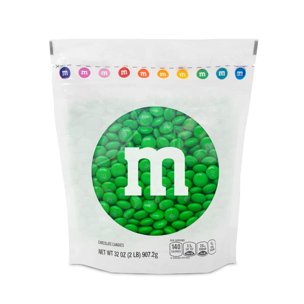 M&M'S Green Milk Chocolate Candy 2lbs - Bulk Resealable Pack for Parties, Birthdays & Desserts