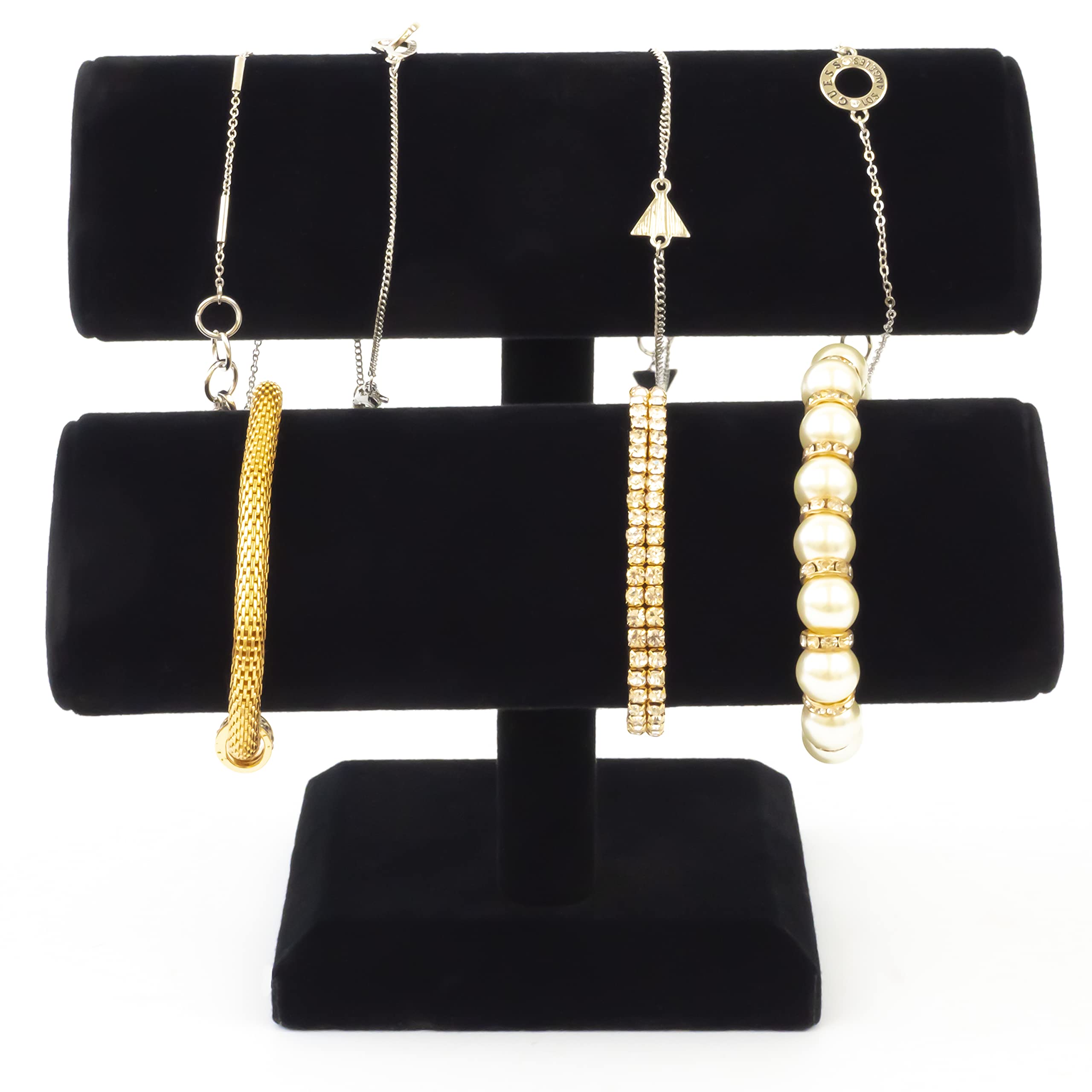Black Velvet Double T-Bar Jewelry Display Stand for Bracelets, Necklaces, Watches & Bangles - Elegant Jewelry Organizer for Retail Stores, Boutiques & Home Decor (1-Pack, Black)