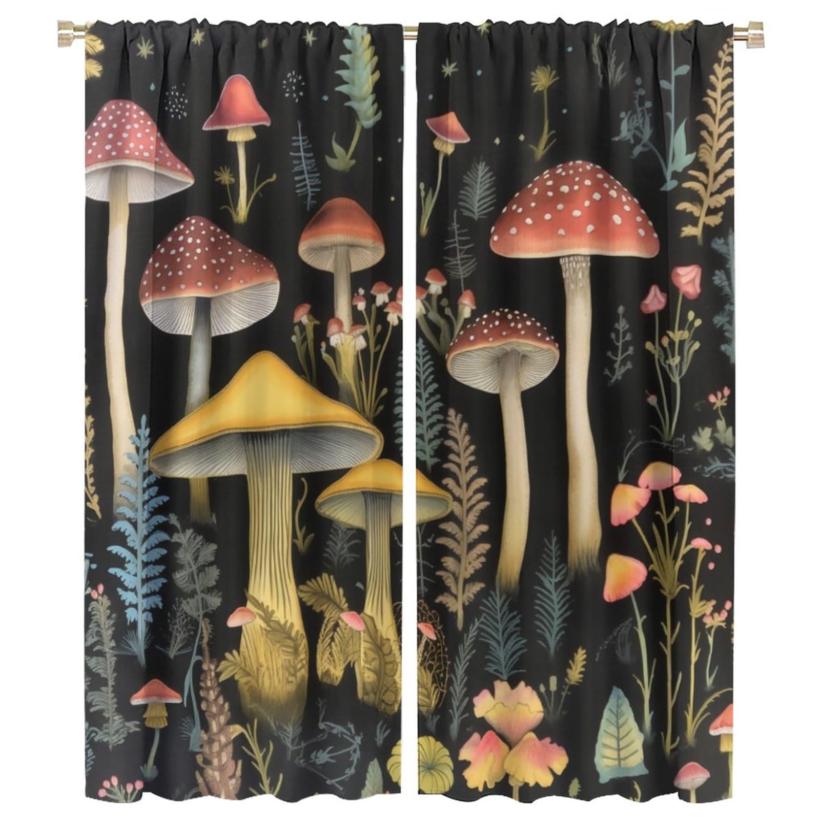 Retro Cartoon Mushroom Blackout Curtains - Starry Sky Forest Colorful Mushroom Pattern Rod Pocket Window Drapes for Bedroom, Living Room, Kitchen & Nursery Decor (42x54 Inches) - Perfect for Light Blocking, Privacy & Themed Room Decorations