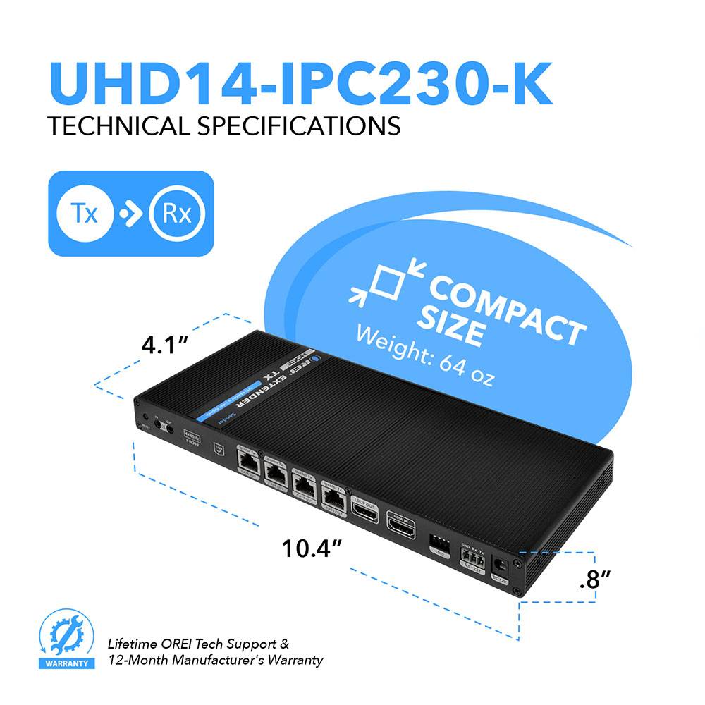 1x4 4K HDMI Extender Splitter Over Single CAT6/7 Cable - Up to 230ft, 18Gbps, Bi-Directional IR, RS232, EDID - ipcolor Technology (UHD14 IPC230 K) - Perfect for Home Theater, Conference Rooms & Gaming Setups