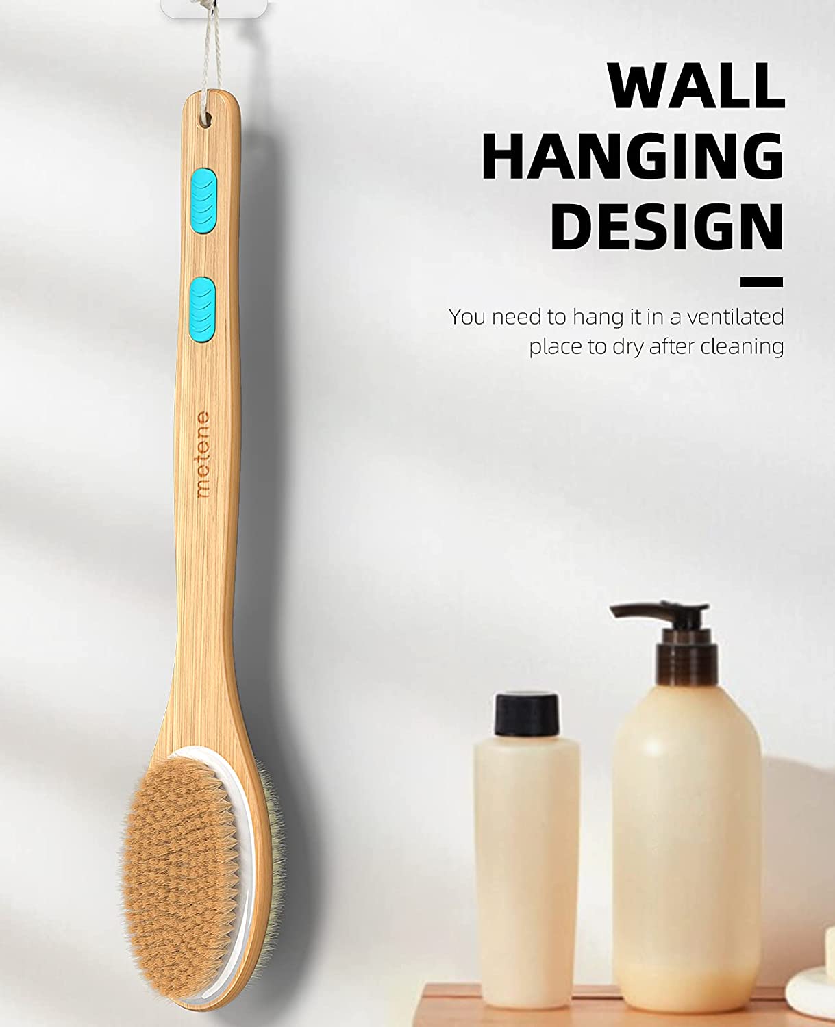 Metene Dual-Sided Shower Brush with Soft & Stiff Bristles - Long Handle Back Scrubber with Hook - Perfect for Exfoliating & Deep Cleaning in Bath or Shower