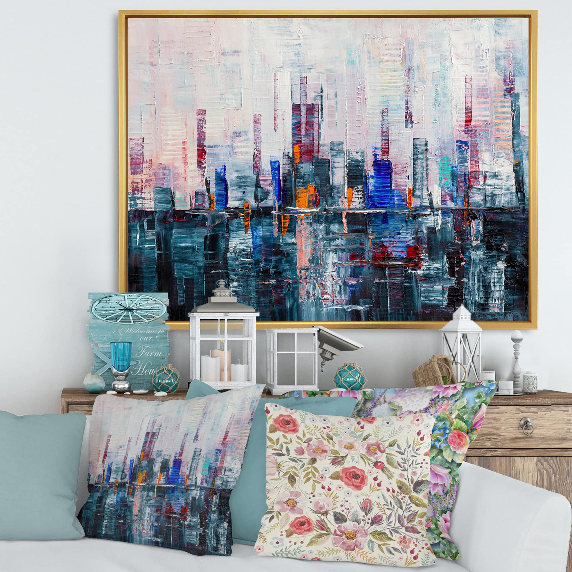 DesignQ Modern Abstract City Skyline Canvas Wall Art - Framed Skyscrapers Painting for Living Room & Office Decor