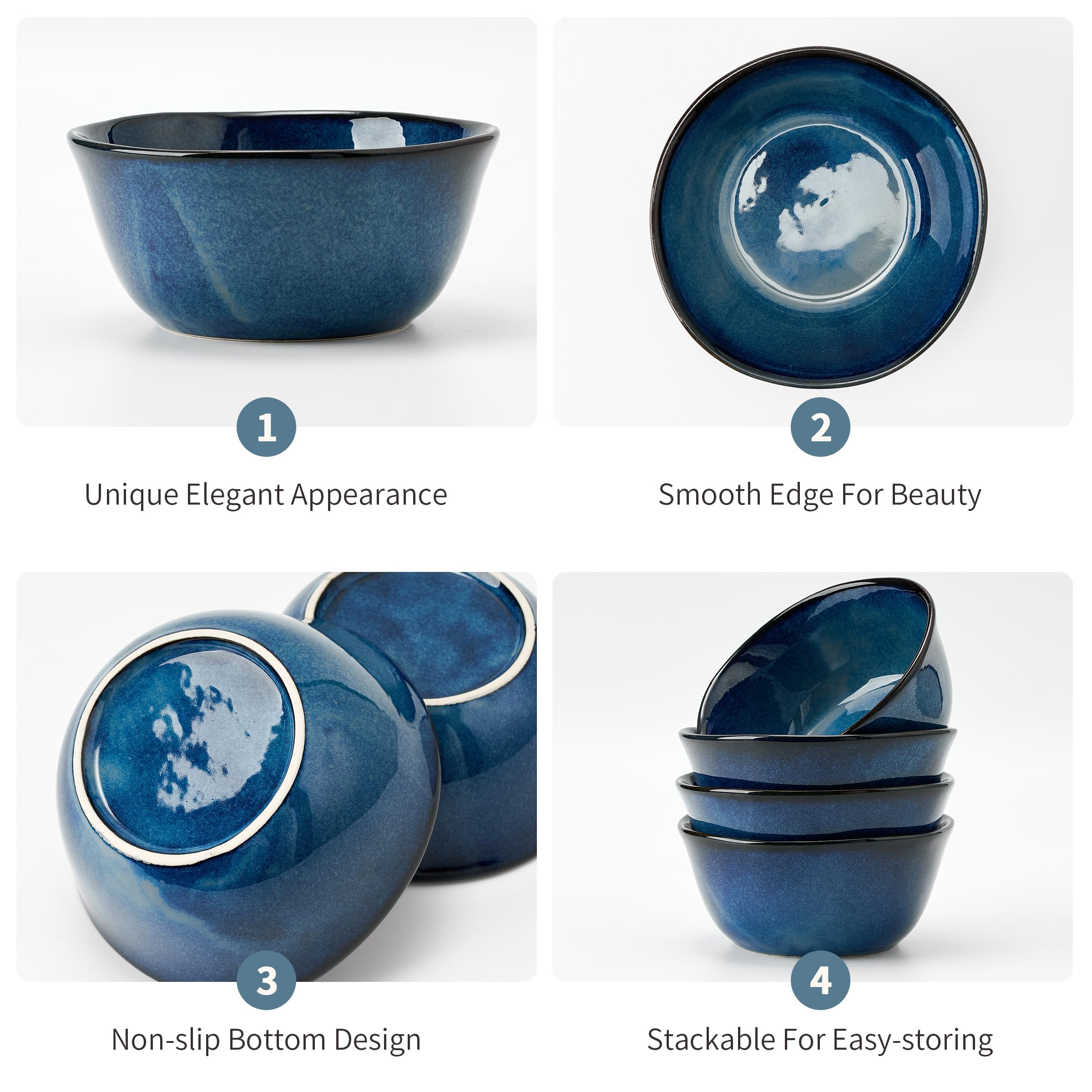 6 Inch Ceramic Soup Bowls Set of 4 - 23.7 Fl Oz Porcelain Cereal Bowls for Salad, Fruits, Dessert, Oatmeal & Ramen - Microwave, Dishwasher & Oven Safe - Wavy Design Blue Bowls - Perfect for Family Dinners, Parties & Everyday Use