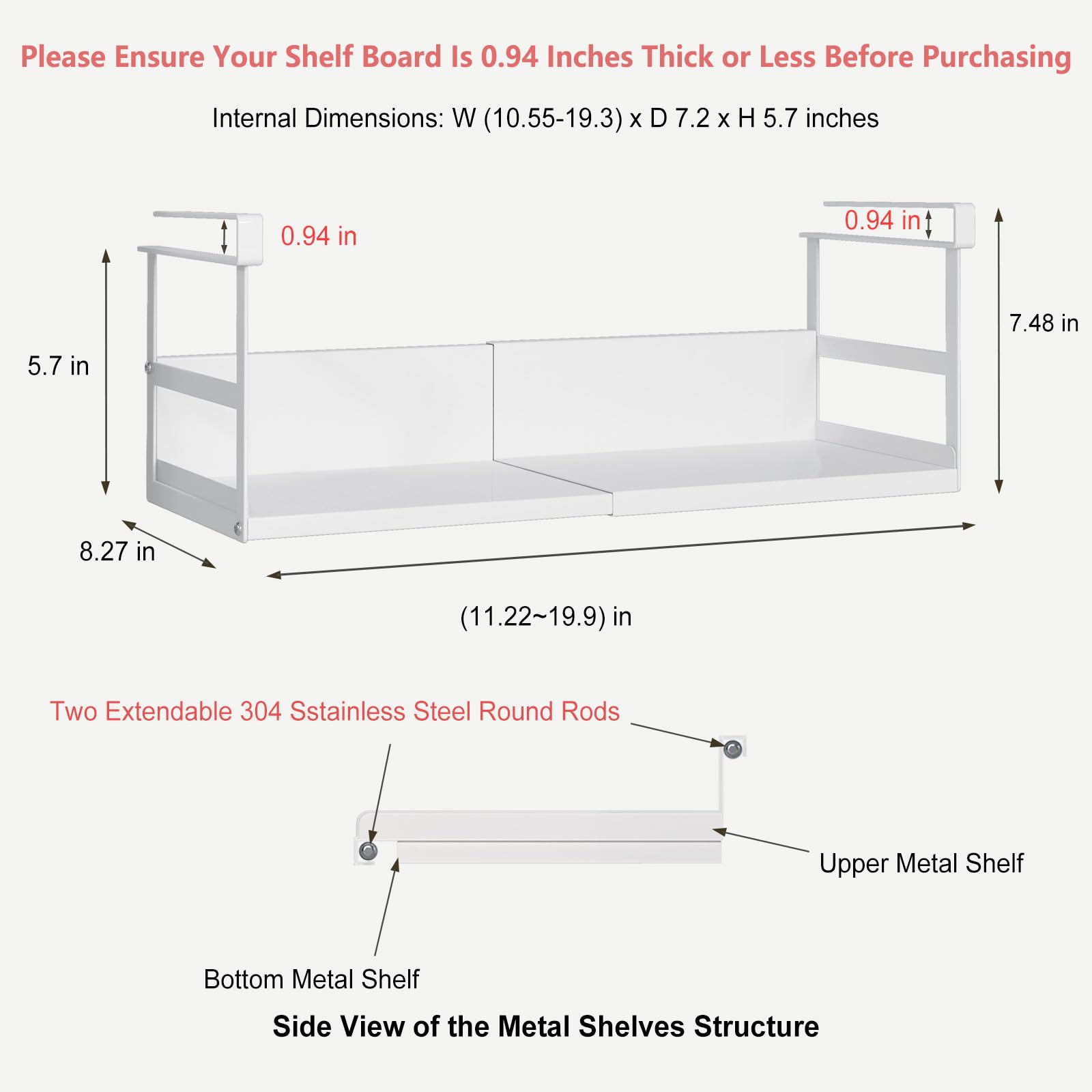 Heavy Duty Expandable Under Cabinet Shelf Organizer - 2 Pack White Under Shelf Storage Basket with 0.94-Inch Thick Clips (5.7