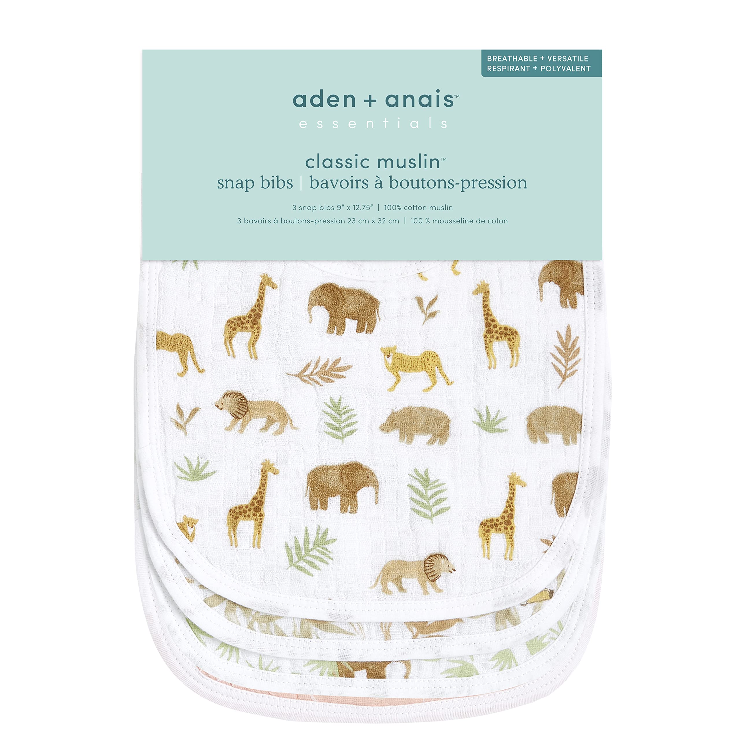 aden + anais Essentials Baby Bibs - Soft & Absorbent 100% Muslin Cotton Adjustable Snap Bibs Set for Boys & Girls (3 Pack, Tanzania) - Perfect for Feeding, Drooling & Mealtime Protection
