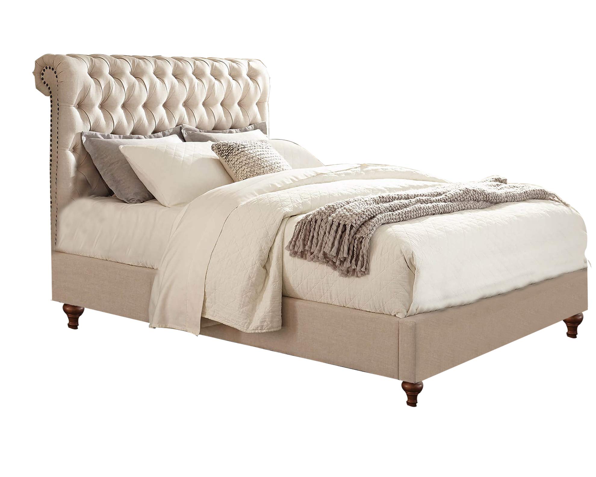 Benjara Beige Fabric Upholstered Queen Size Wooden Bed with Button Tufted Headboard - Elegant Bedroom Furniture for Master Bedroom, Guest Room & Home Decor