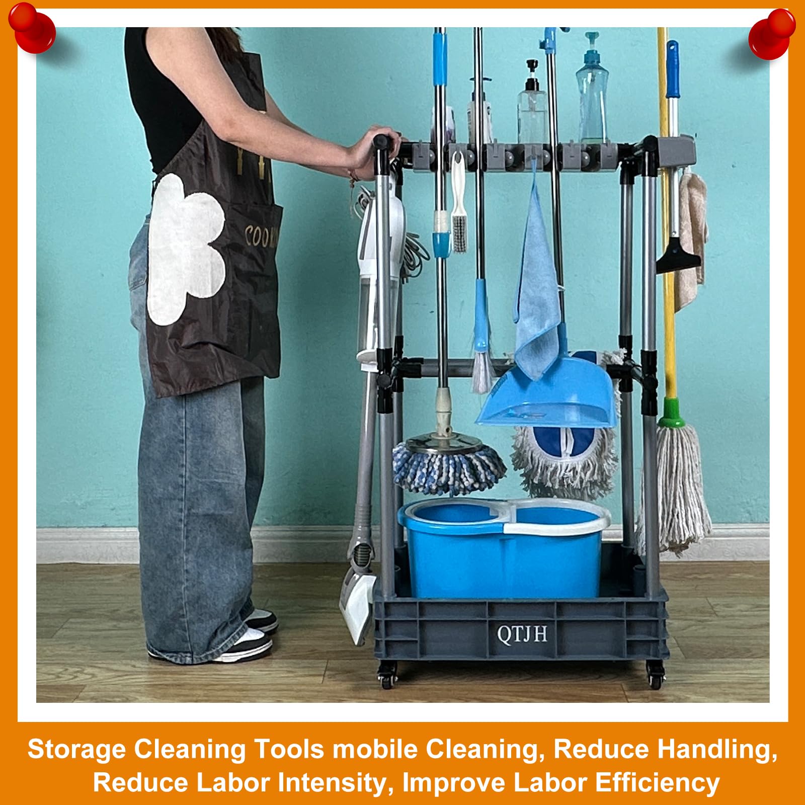 QTJH Floor-Standing Multi-Functional Cleaning Tool Organizer - Wall Mount Broom & Mop Holder with Hooks for Storage of Cleaning Supplies - Perfect for Kitchen, Garage, Laundry Room & Bathroom Organization