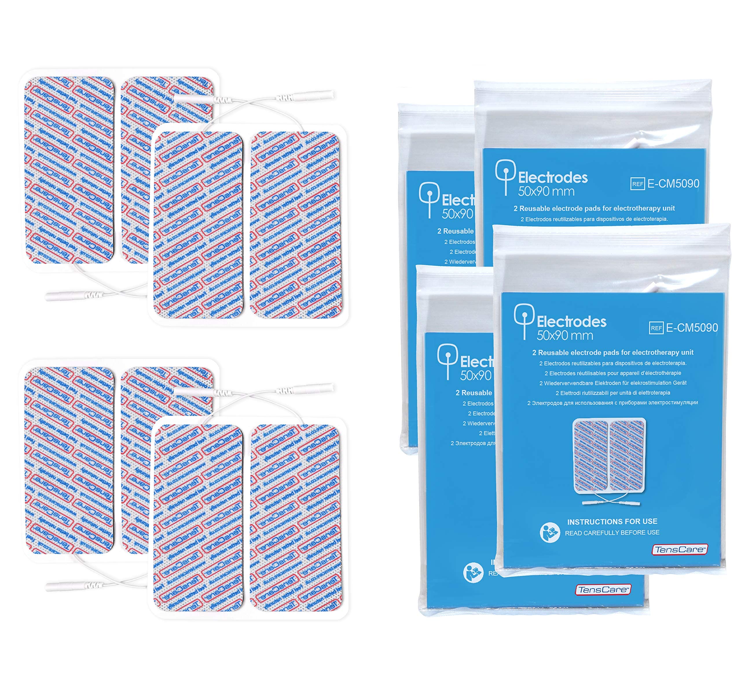 TensCare Large Electrode Pads (4 Pairs) 50x90mm - Premium Reusable TENS Unit Pads for Pain Relief - Perfect for Back, Shoulder, Knee & Muscle Therapy