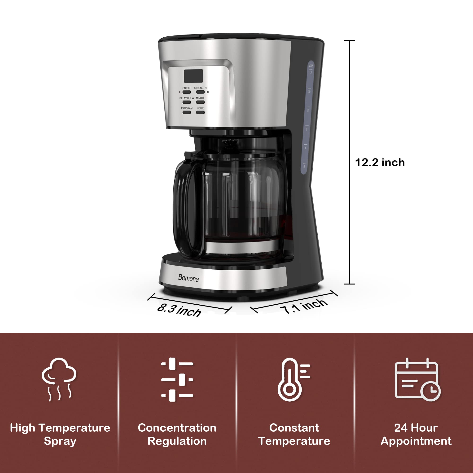12-Cup Programmable Drip Coffee Maker with Glass Carafe & Permanent Filter - Auto Keep Warm, Water Window - Perfect for Home, Office & Restaurants - Black Coffee Machine