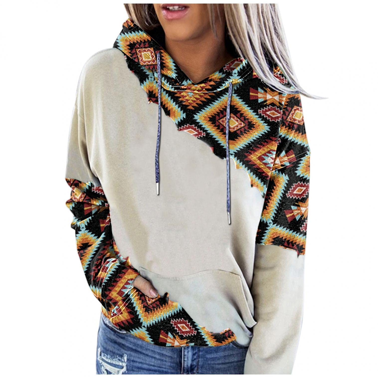 FABIURT Women's Western Ethnic Printed Hoodie - Long Sleeve Loose Pullover Sweatshirt, Oversized Winter Sweater for Casual Wear, Outdoor Activities & Cozy Loungewear