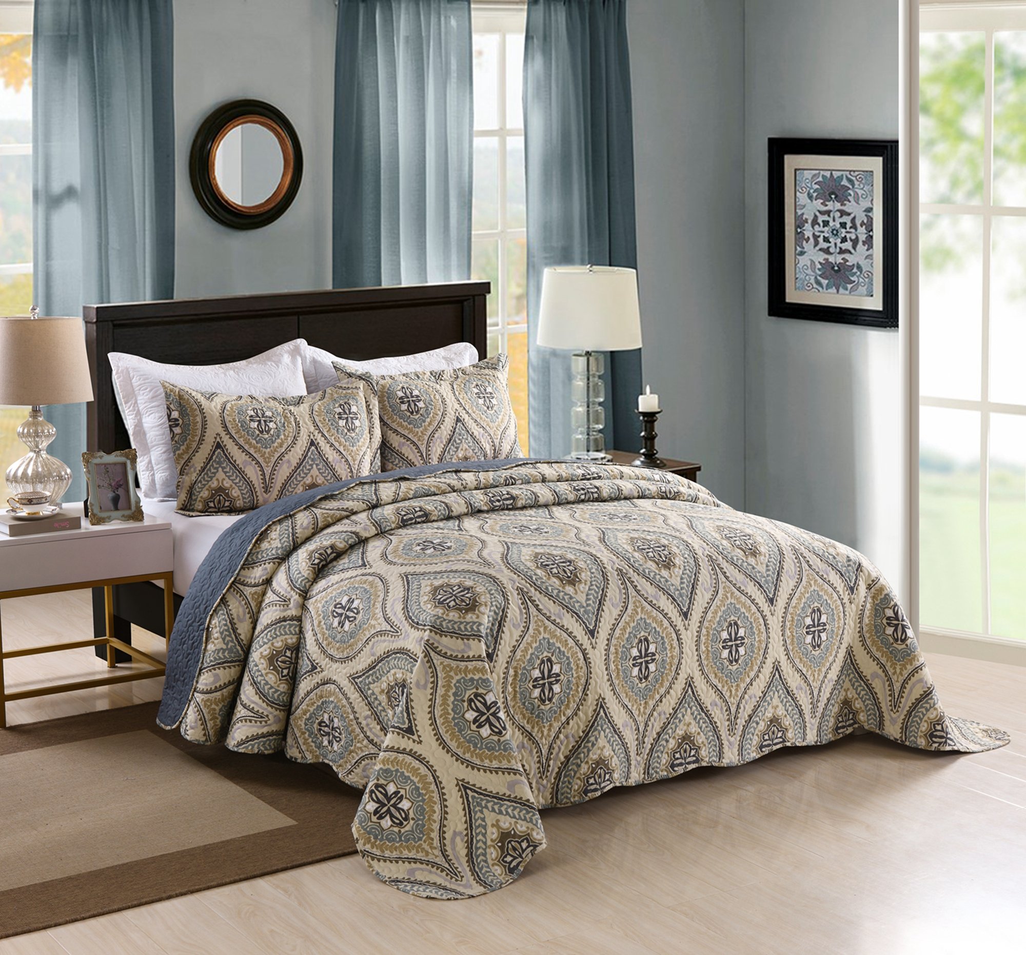 MarCielo 3-Piece Queen Size Quilted Bedspread Set - Lightweight Oversized Printed Quilt Coverlet & Throw Blanket in Dark Grey (Joni Design) | Perfect for Bedroom Decor, Guest Room, and Cozy Home Styling