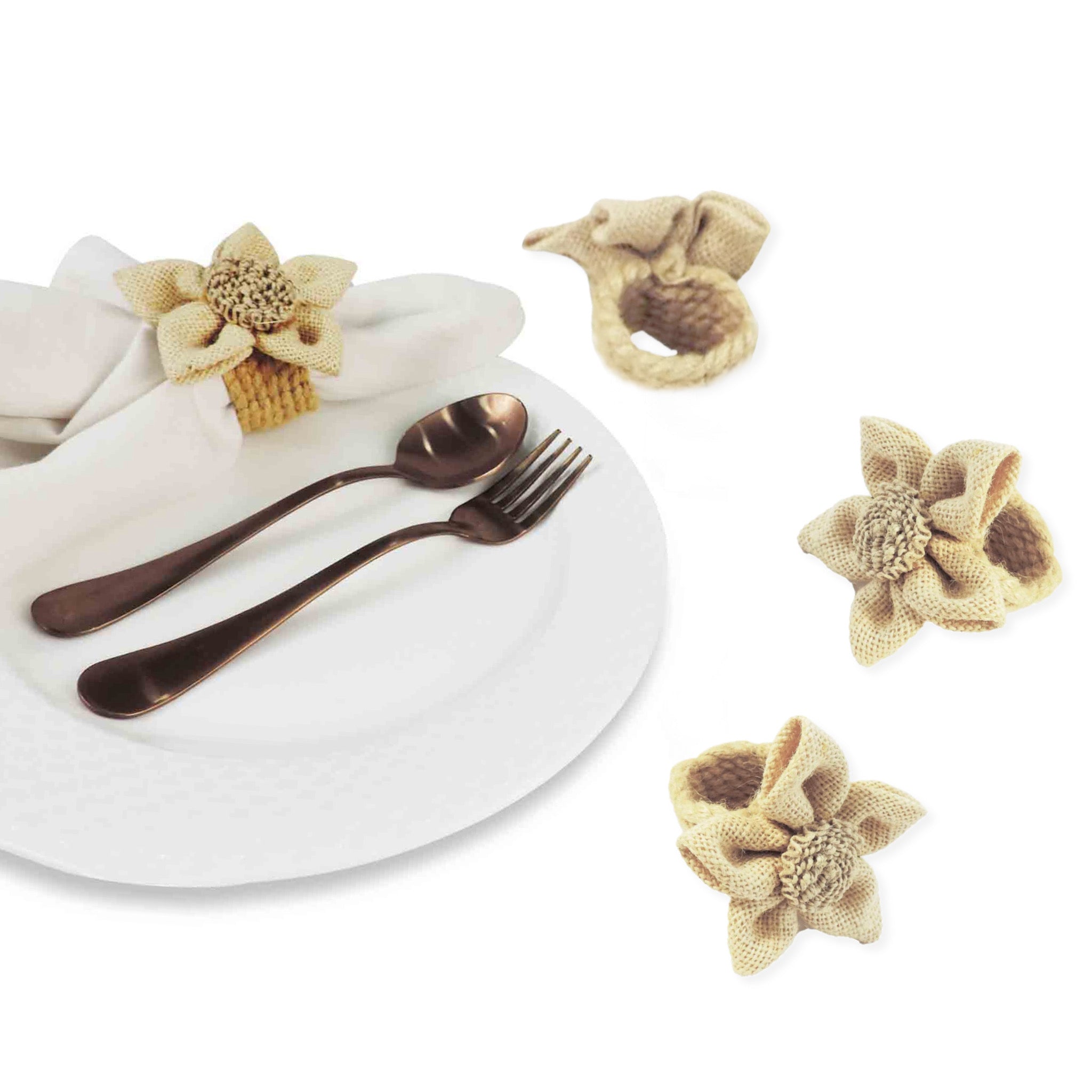 Eco-Friendly White Jute Posy Napkin Rings - Set of 4 for Wedding, Party & Table Decor - Sustainable Natural Fiber Tableware Accessories