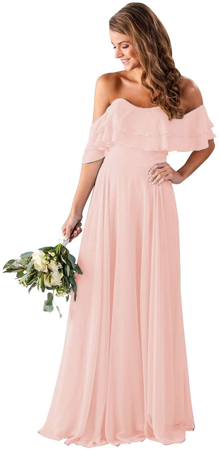 Clothfun Elegant Off Shoulder Chiffon Bridesmaid Dresses - Long Formal Evening Gowns with Pockets for Women | Perfect for Weddings, Parties & Special Occasions