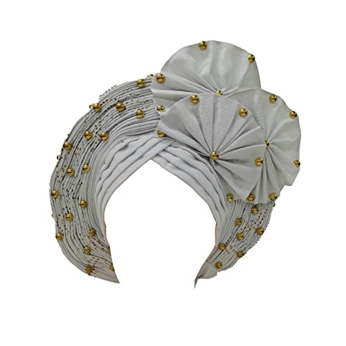 African Head Wrap Auto Gele Headscarf - Women's Fashion Turban with Beading for Weddings & Special Occasions | Nigerian Style Headband in White | Perfect for Bridal, Church, and Cultural Events