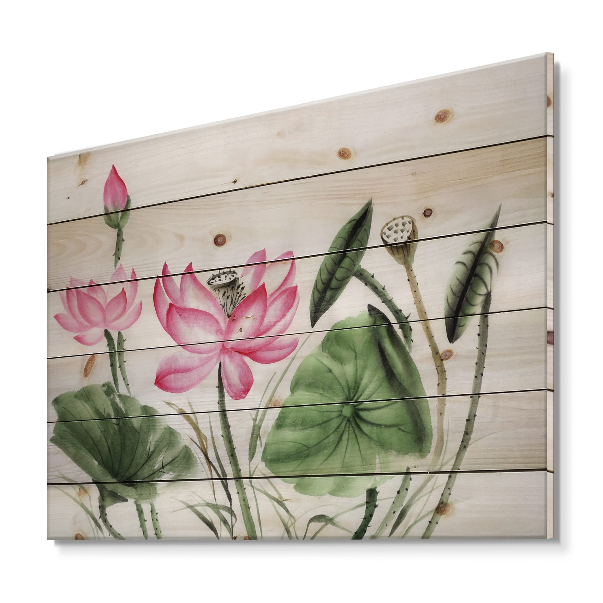 Vintage Pink Lotus Pond Traditional Wood Wall Art - Large Floral Pine Wood Panel Decor for Living Room, Bedroom & Office (36