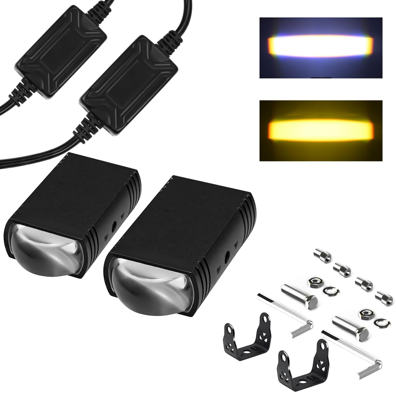 High Power Motorcycle LED Driving Lights - White/Amber Dual Color, 3 Lighting Modes (Hi/Lo Beam) - Waterproof with Lens for ATV, UTV, SUV, Truck, Boat - Perfect for Off-Road Adventures & Night Riding (Pack of 2)